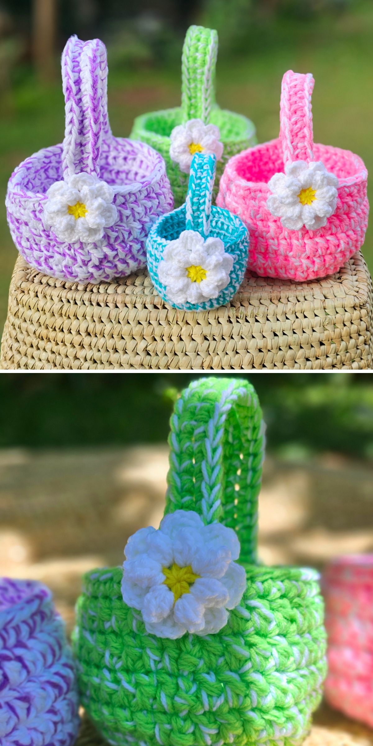 a set of colorful crocheted Easter egg baskets with flower adornments