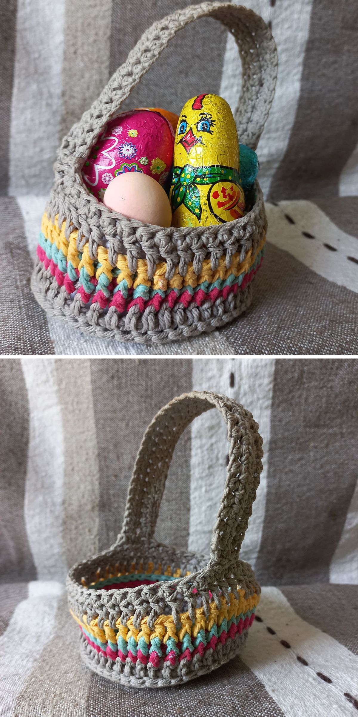 a crochet basket with colorful stripes 