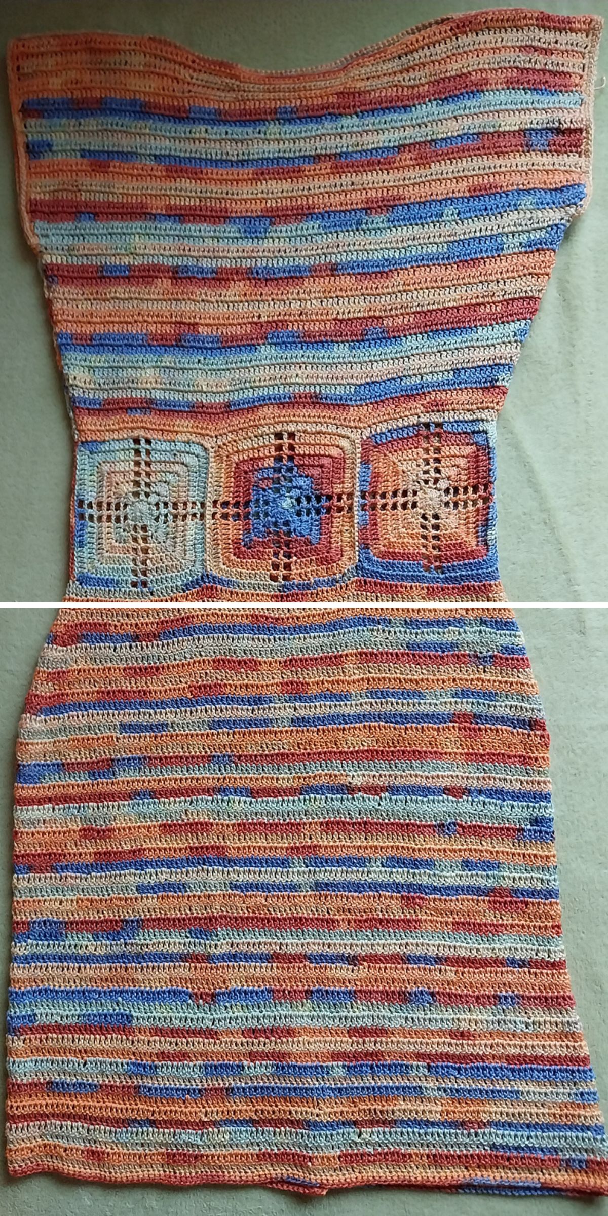 a colorful crochet dress with a boat neckline and lace details around waist