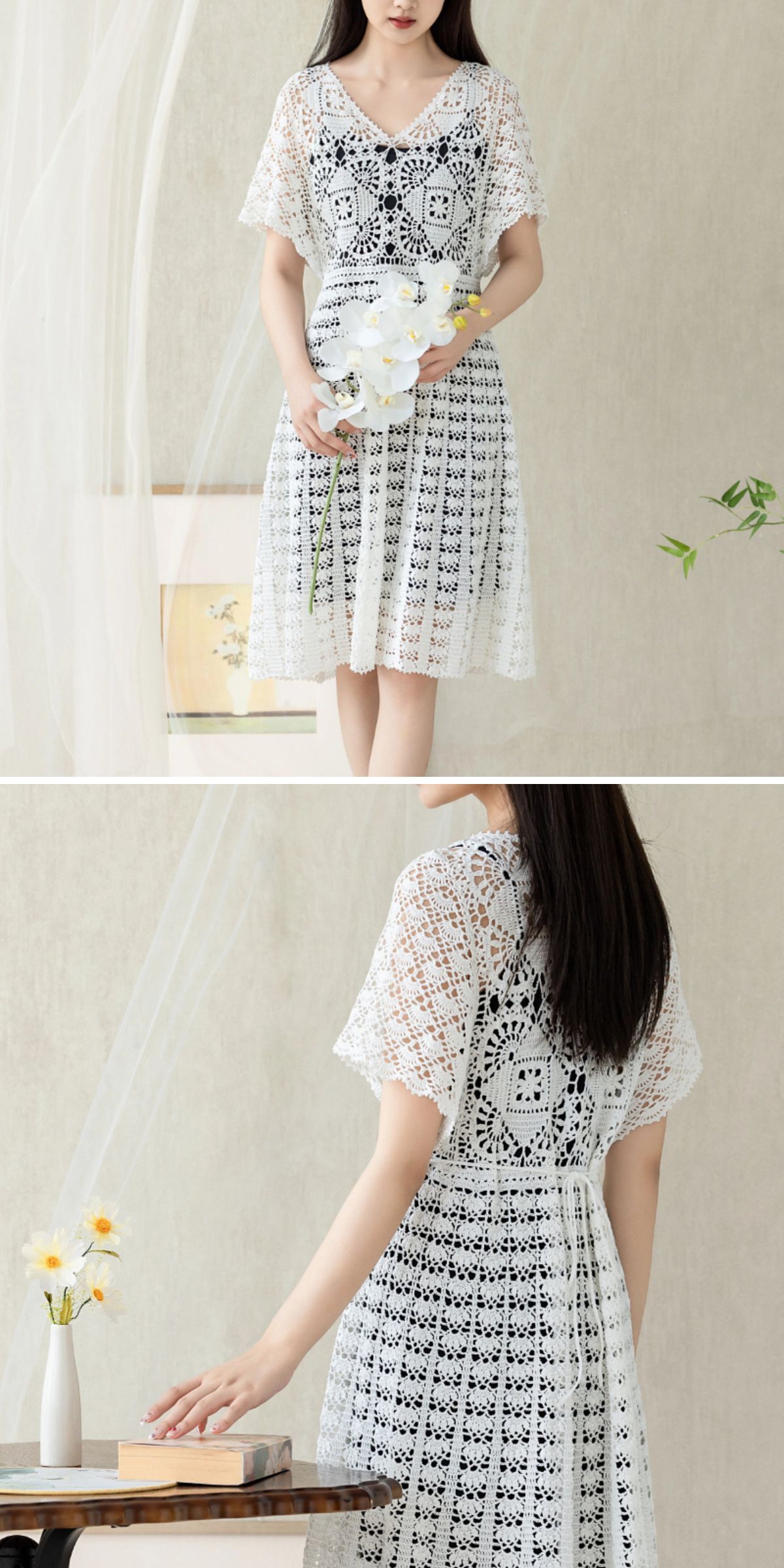 a crochet dress featuring an intricate lace design in a white color