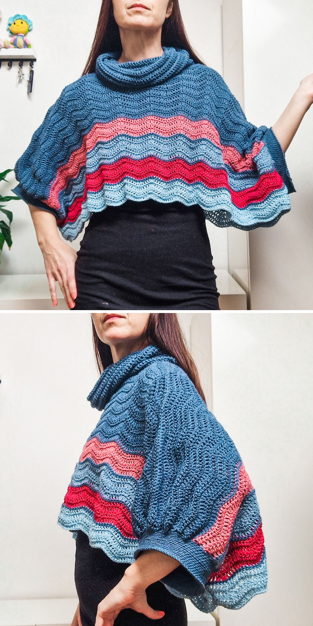 a crochet bolero with zigzag stripes and a cowl collar