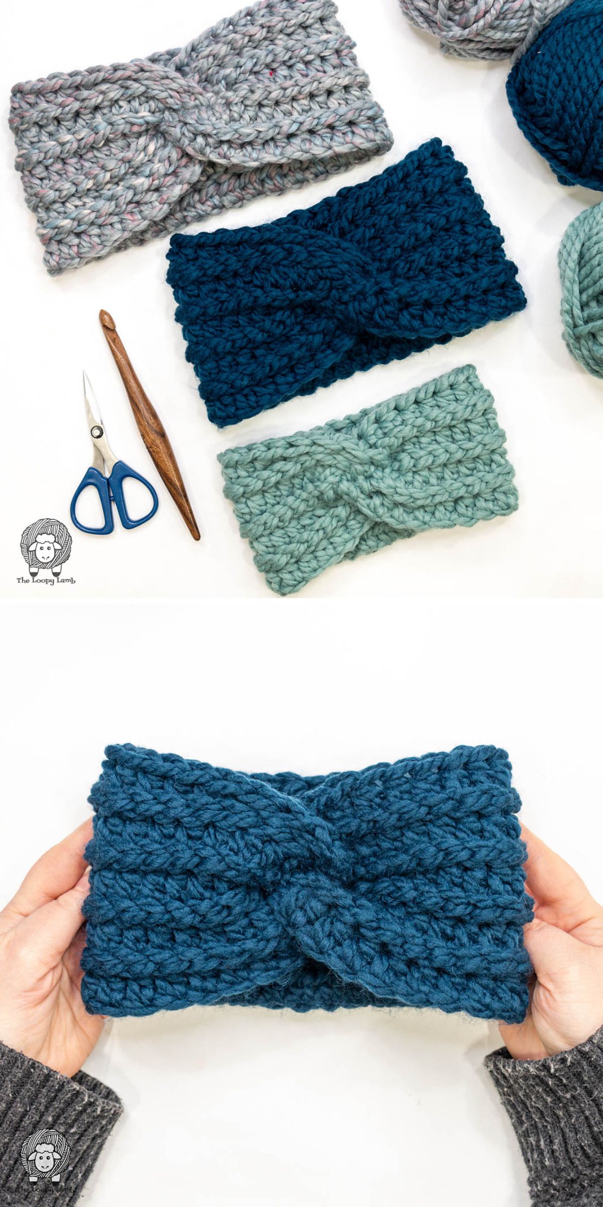 three crocheted headbands featuring a ribbed twisted design in different sizes and colors