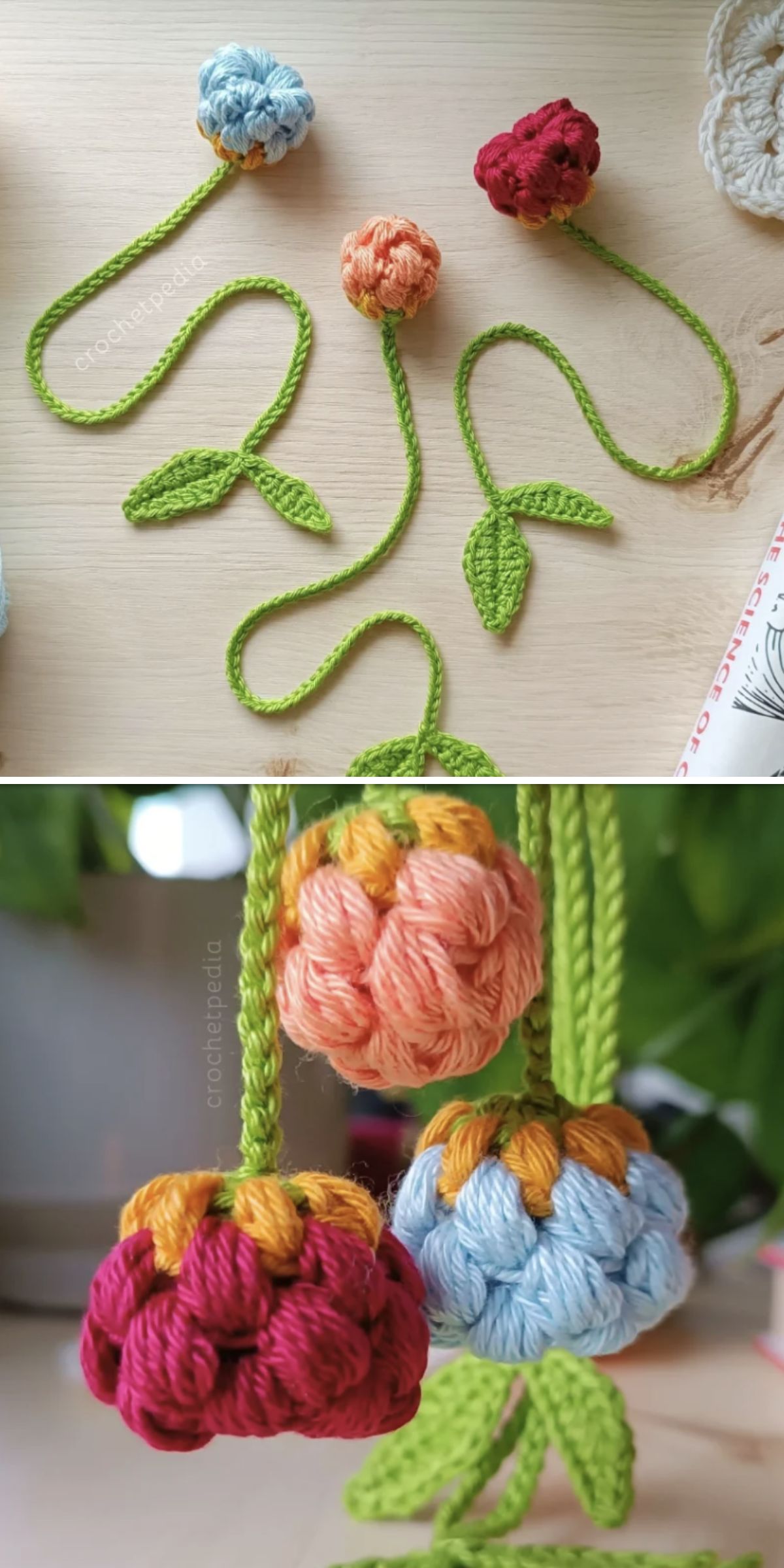 a set of crochet flower bookmarks laid on a wooden floor