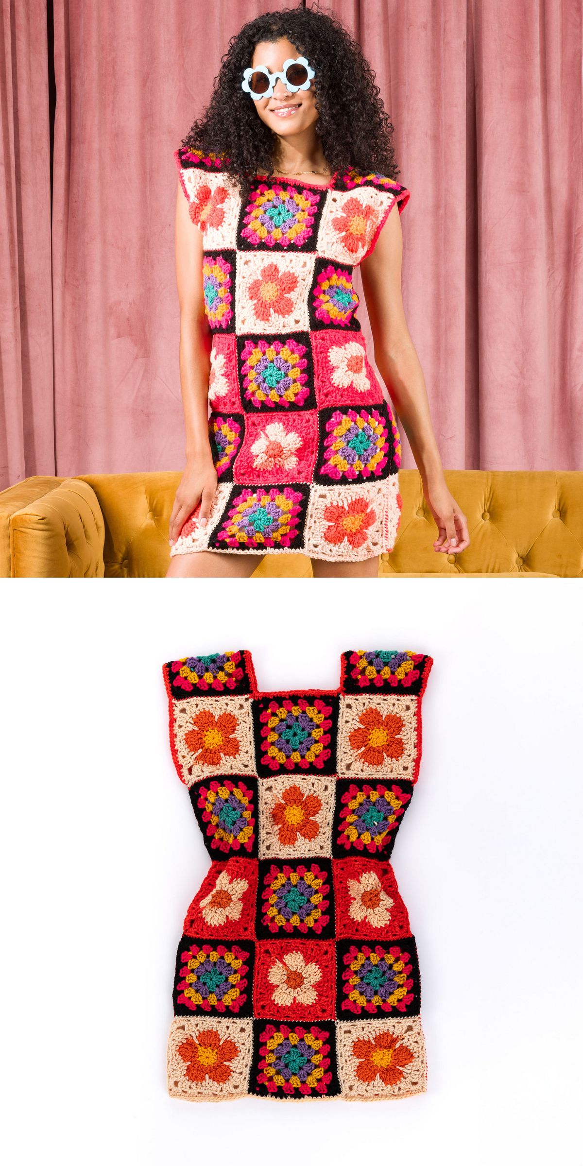 a woman wearing a crocheted dress made of flower granny squares