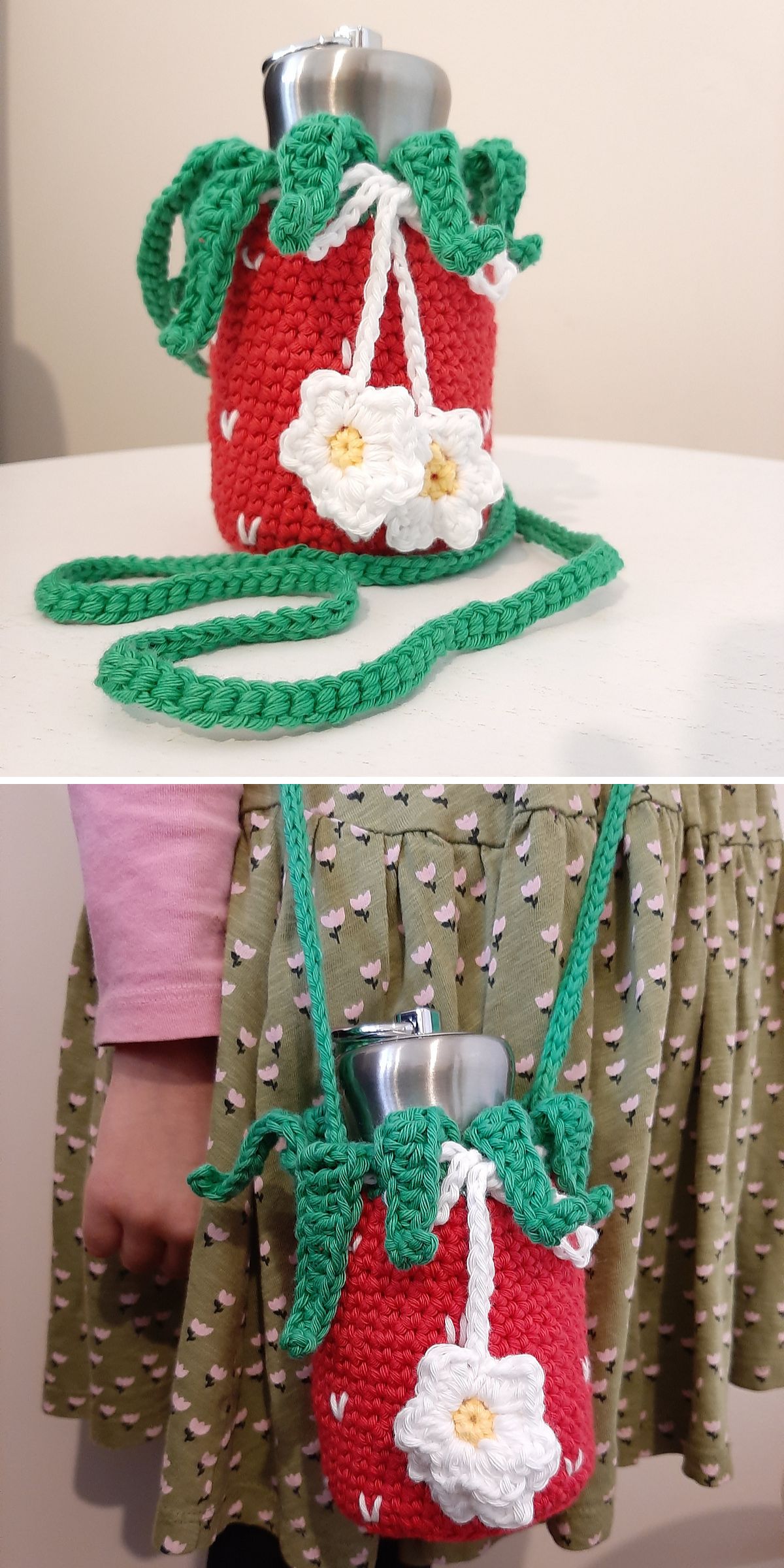 a crochet bottle holder with a strawberry-inspired design