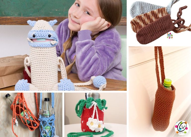 a collection of crochet water bottle holders