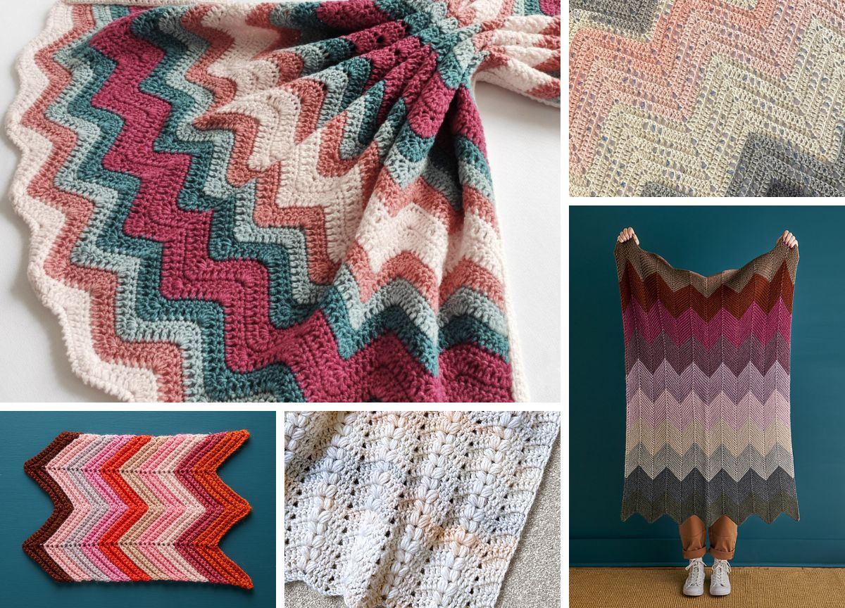 a collection of colorful crochet chevron blankets