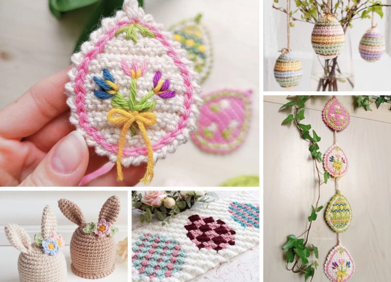 a collection of crochet Easter egg decorations