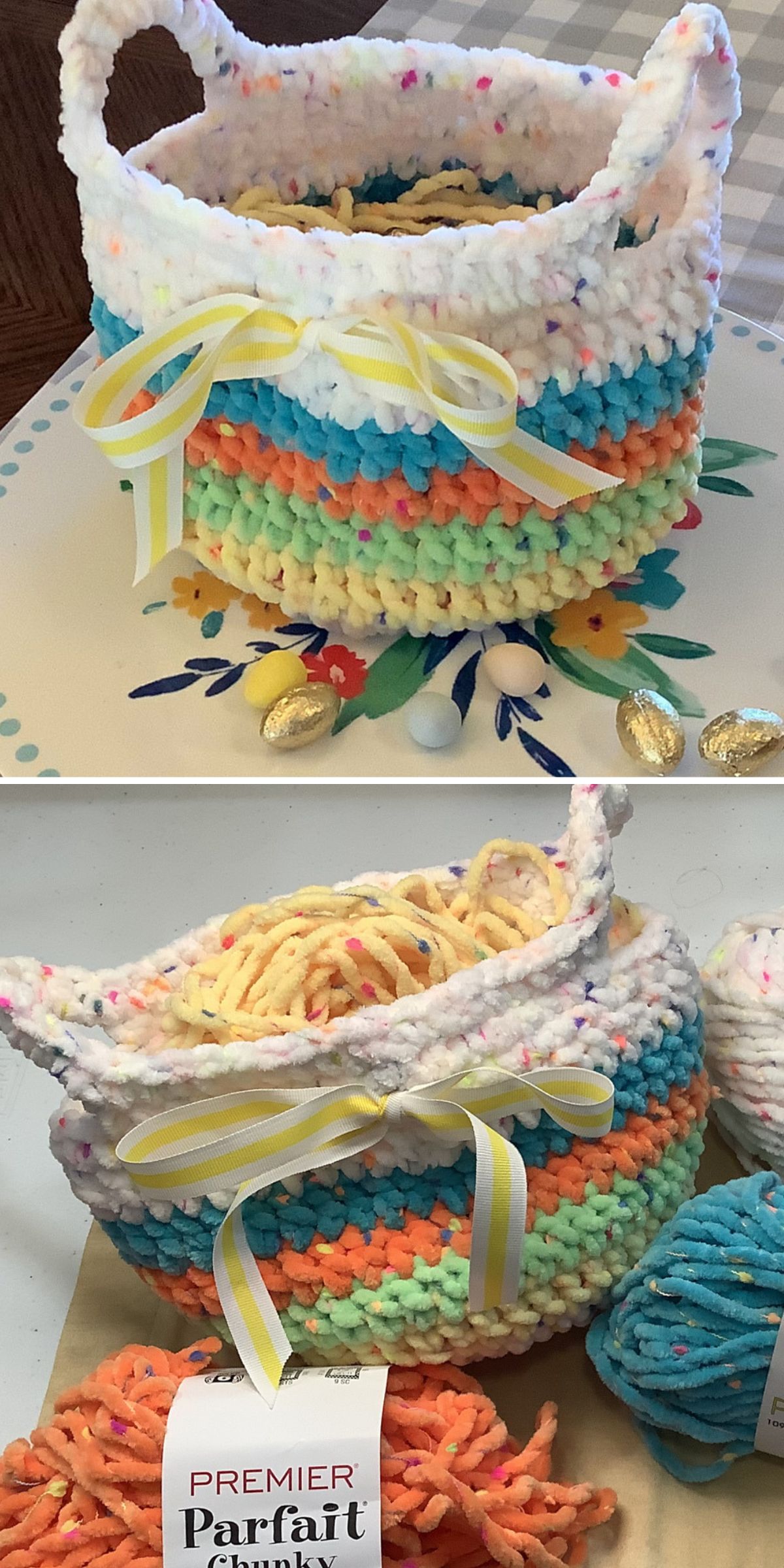a crochet Easter basket with colorful stripes at the bottom and big handles