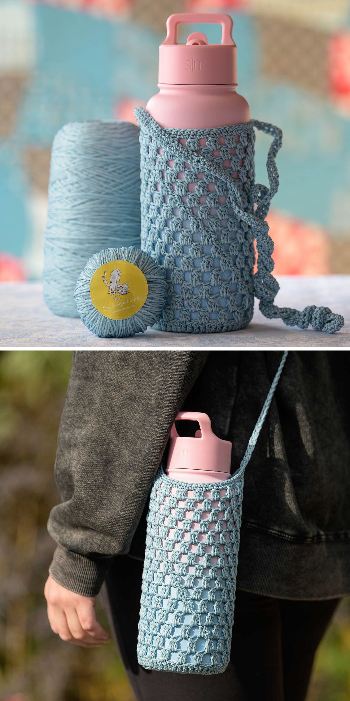 a pretty handmade water bottle bag in a light blue color and mesh fabric