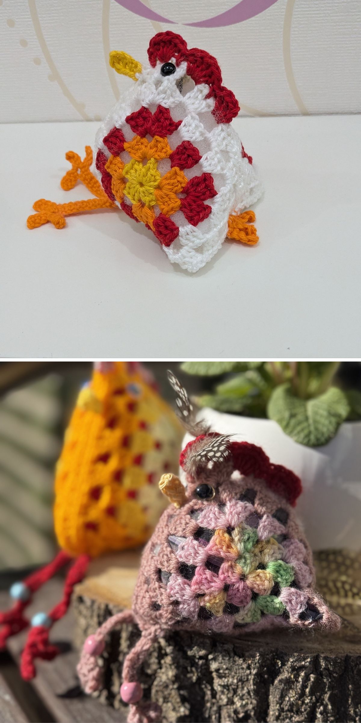 a crochet chicken made of granny squares 