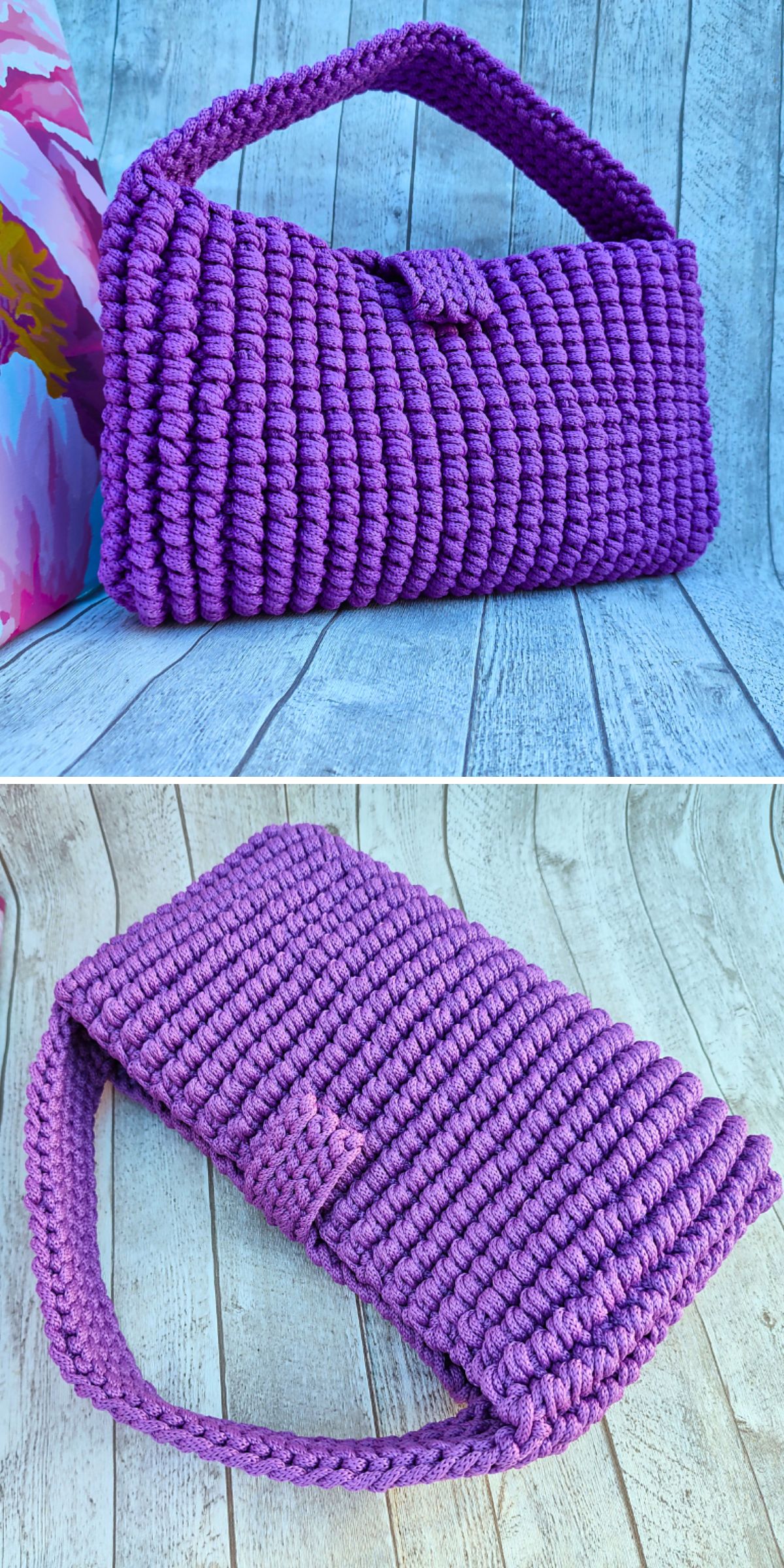 a crochet clutch bag in purple