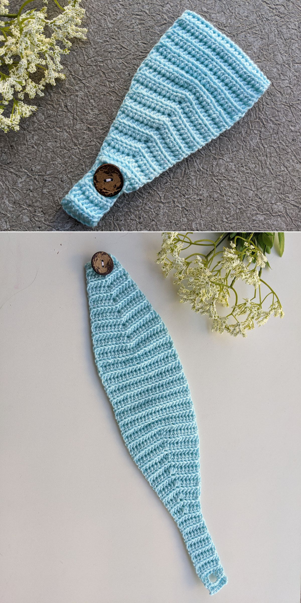 a crochet headband with a button closure in a sky blue color