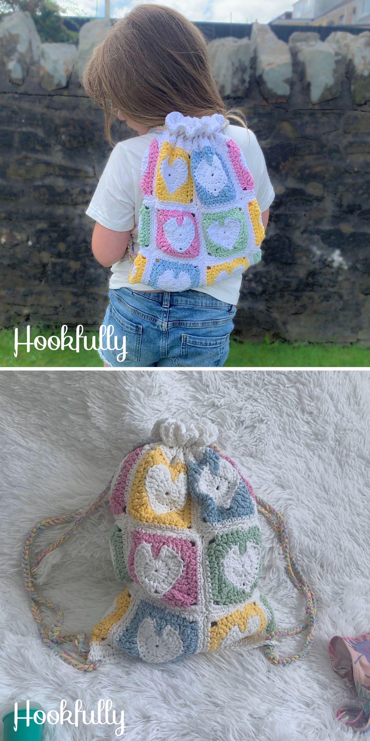 a crochet drawstring backpack made of colorful granny squares with heart motifs