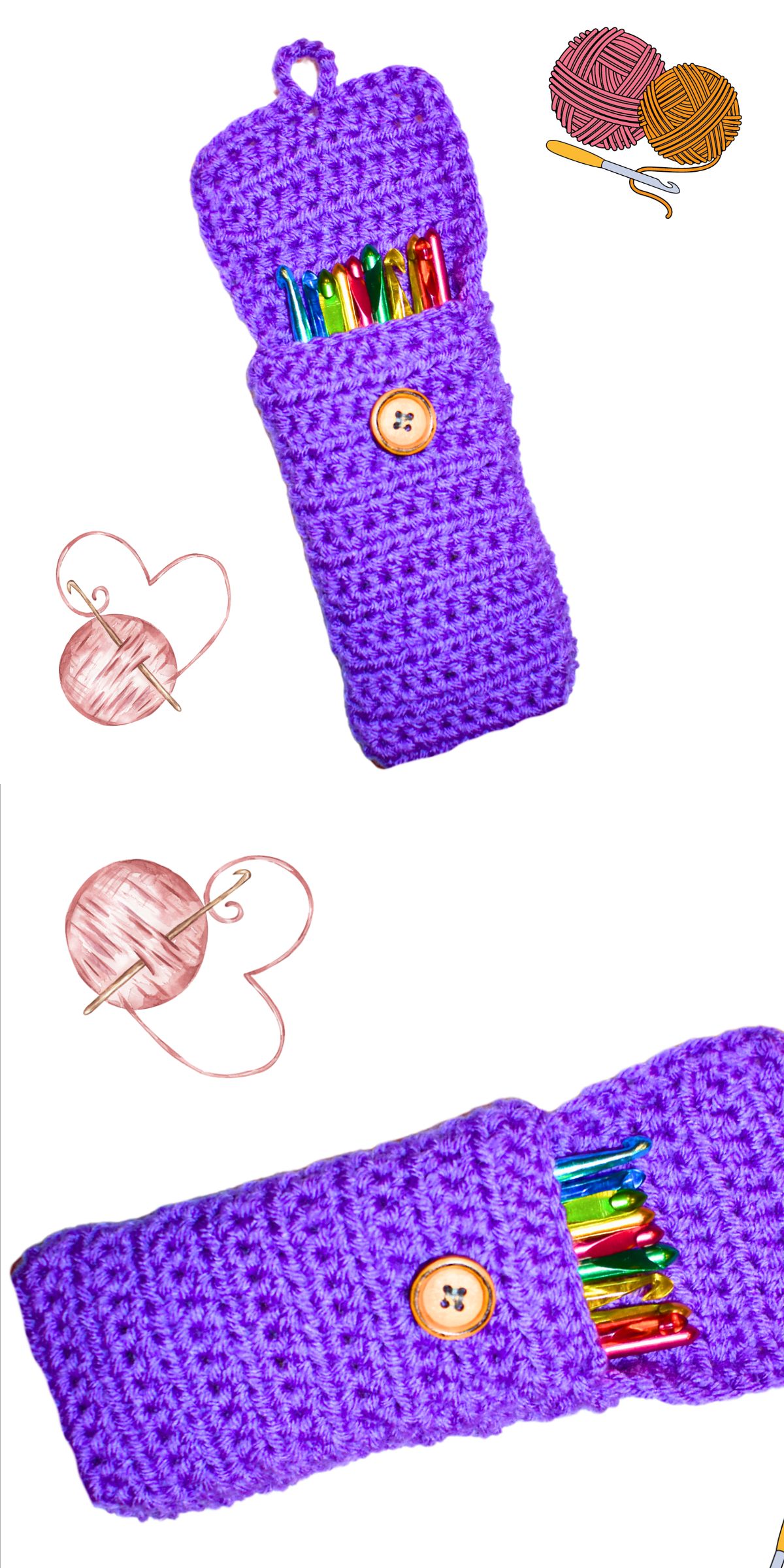 a compact crochet hook purse in violet