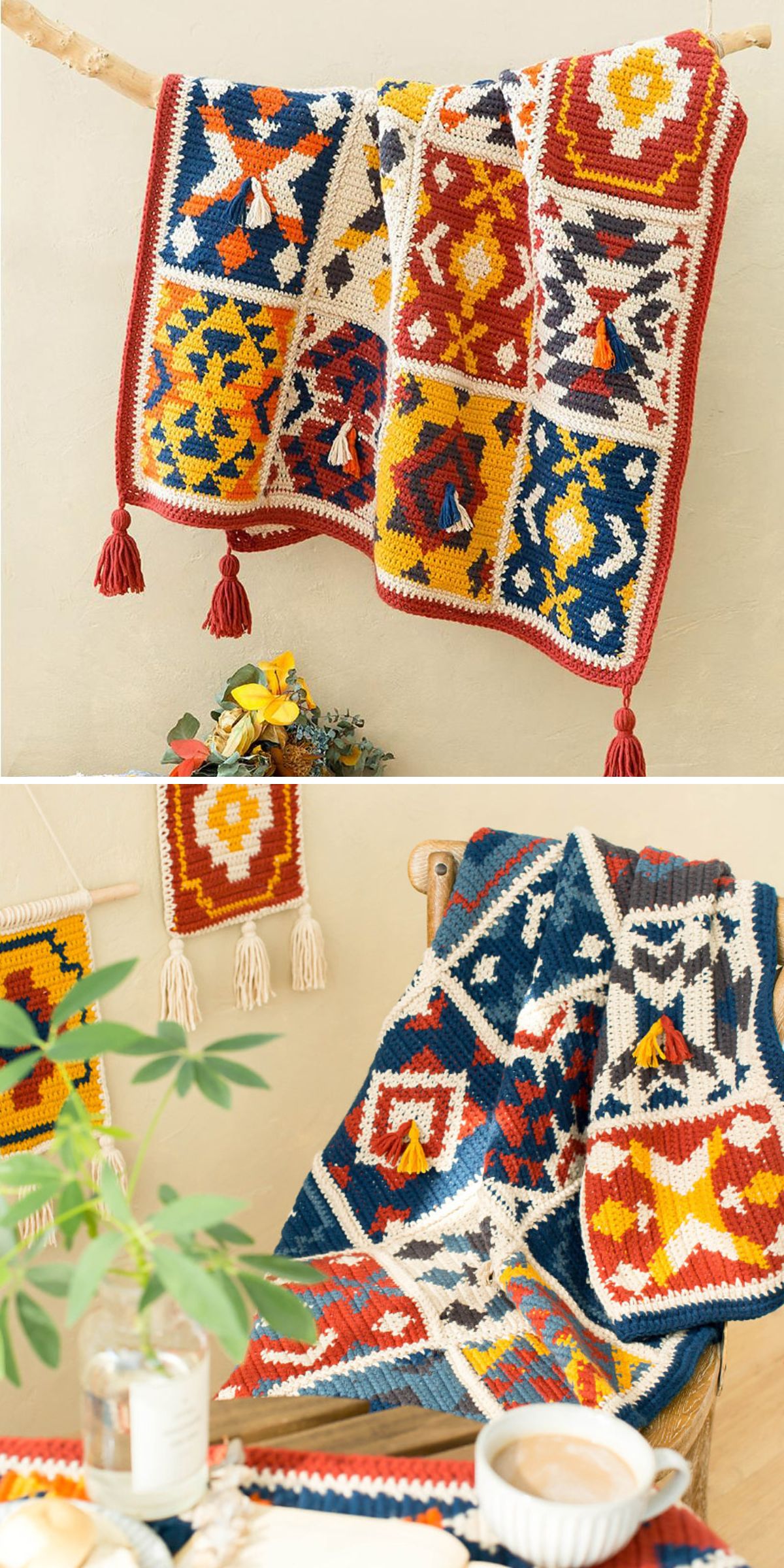 a colorful crochet intarsia blanket with corner tassels 