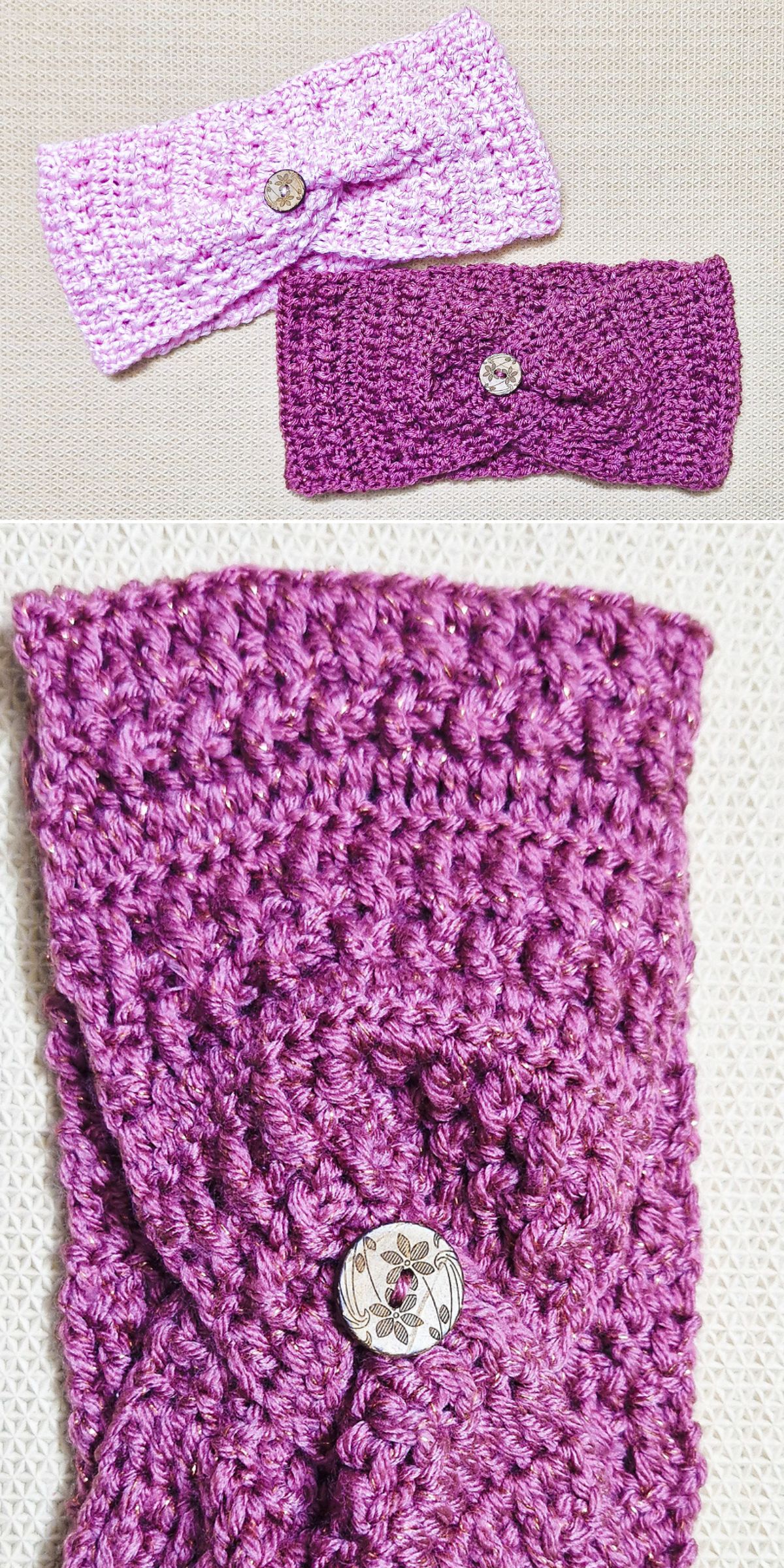 two crocheted headbands in a light pink and deep purple color