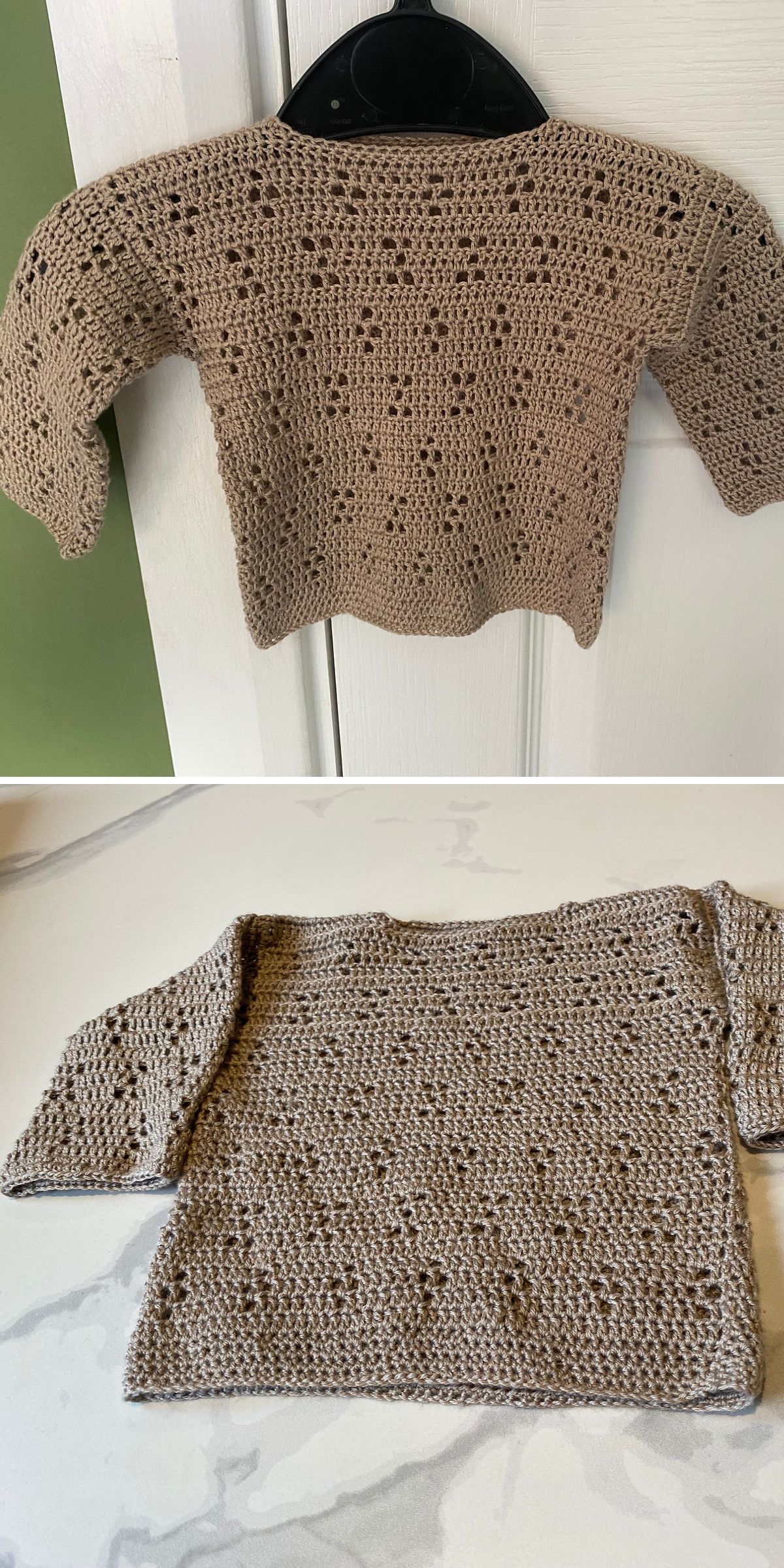 a crochet lace sweater for kids with half-length rectangle sleeves