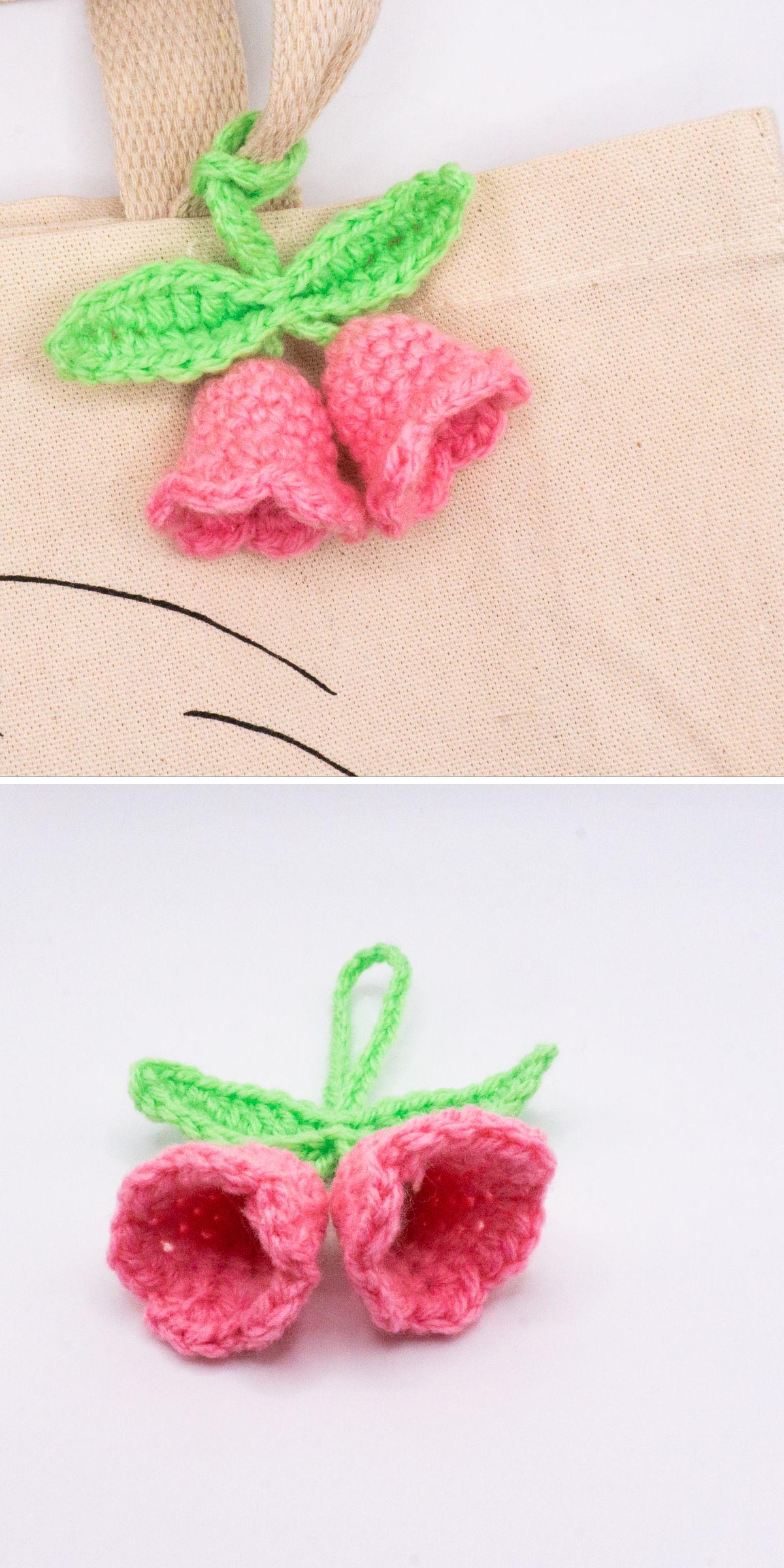 two little pink crochet flowers with leaves attached to a bag