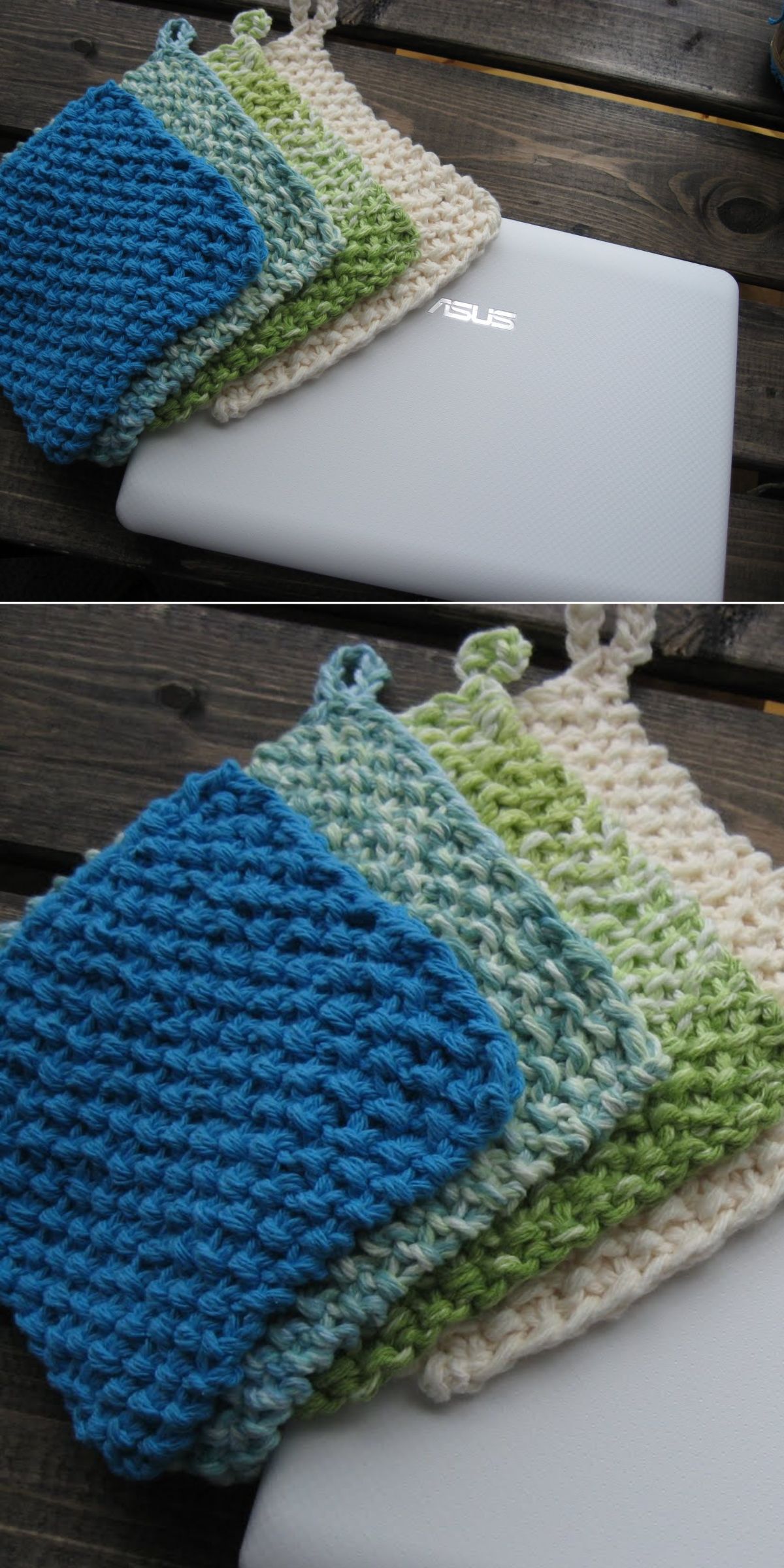a set of textured knit potholders in diffrerent colors