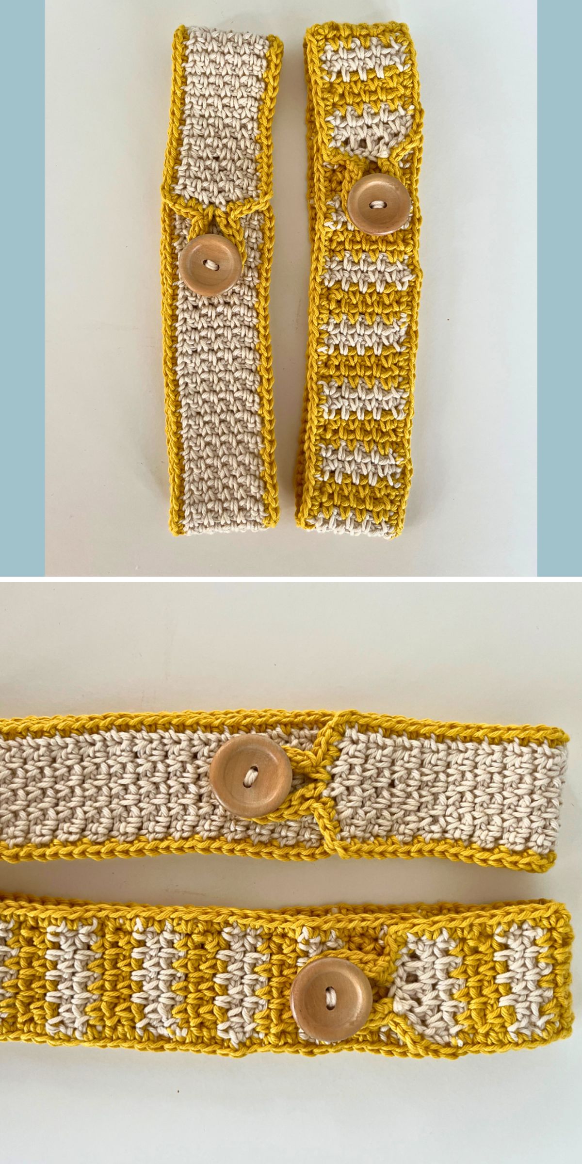 two elegant crocheted bookmarks in yellow stripes and button closure