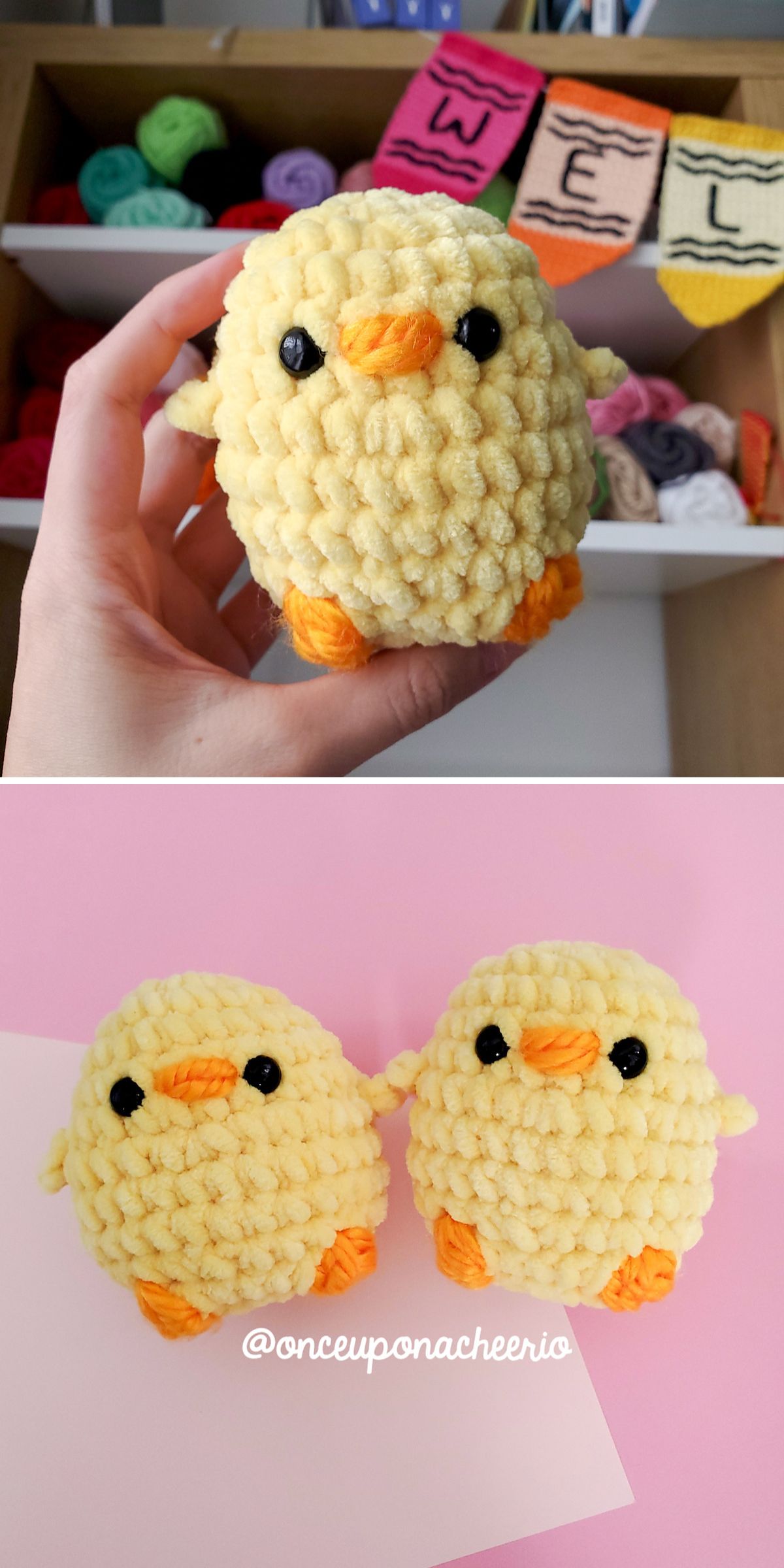a small adorable crocheted chicken