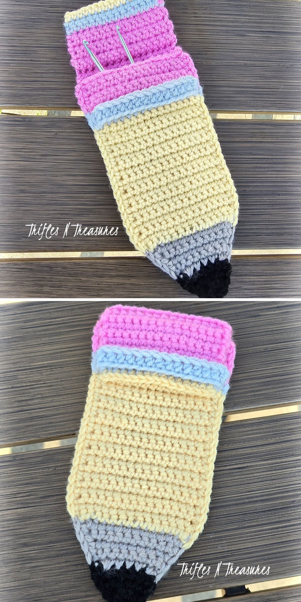 a crocheted pencil case in the shape of a pencil