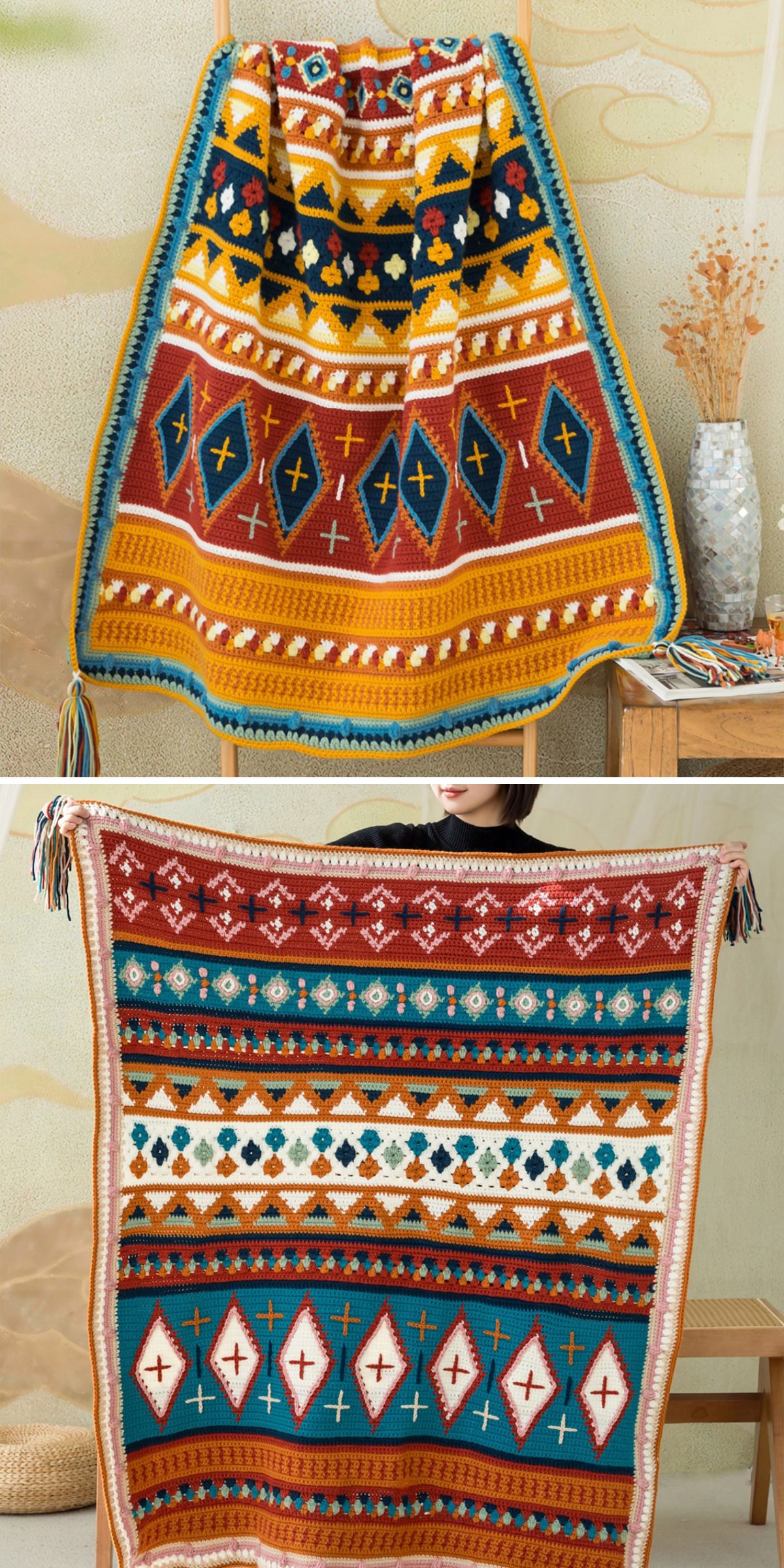 a multicolored intarsia crochet blanket