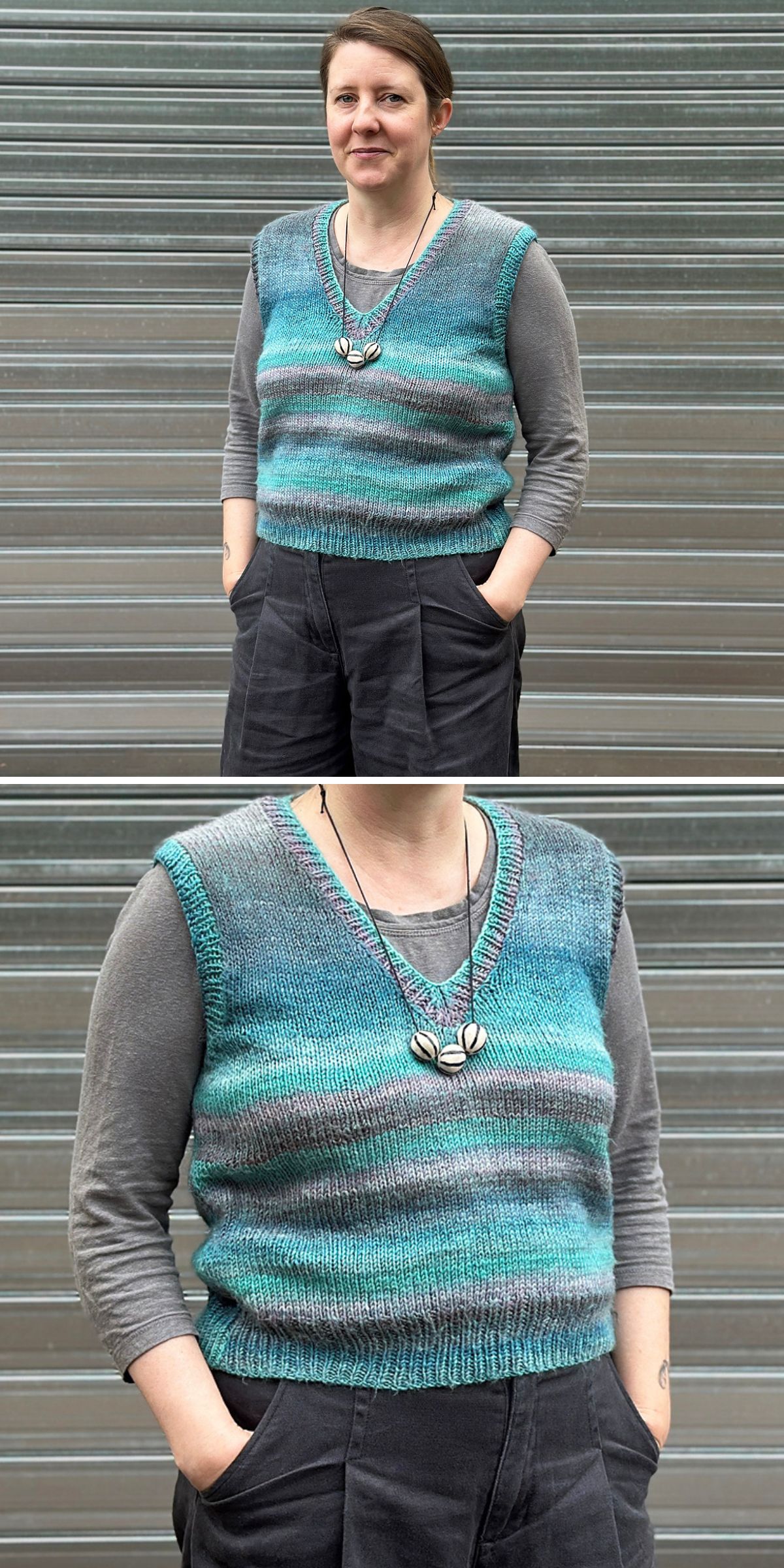 a woman wearing a knitted vest with a colorway combining blue and grey 