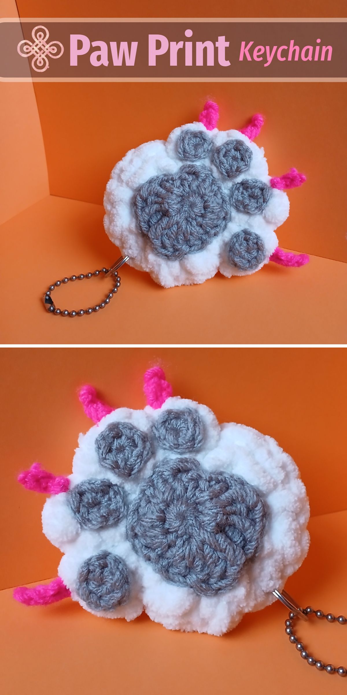 a crochet keychain shaped like a per paw 