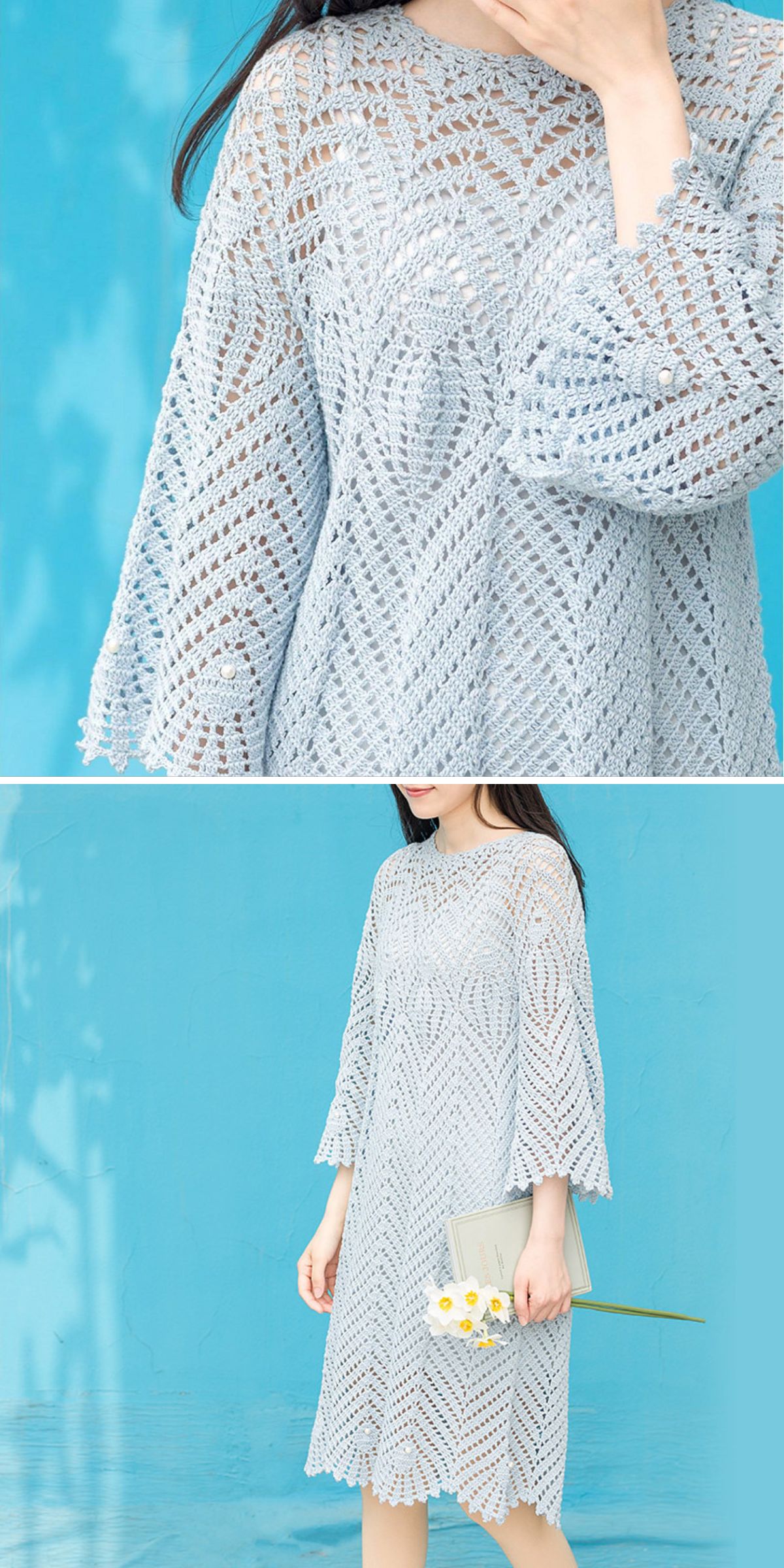 a woman wearing a lace crochet yoke dress in a pastel blue color