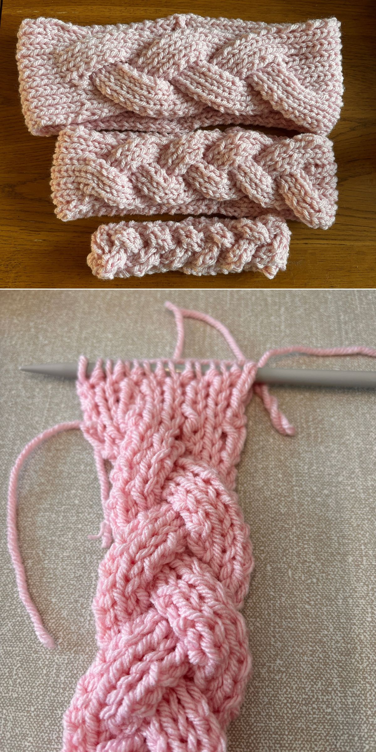 three knitted headbands in different sizes with big cabled motif