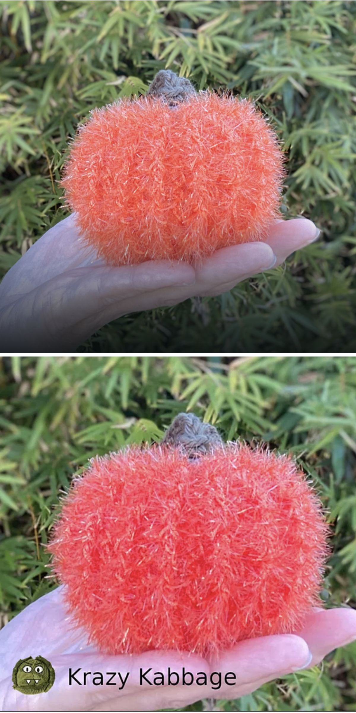 a crochet pumpkin-shaped facial scrubber made with fuzzy yarn
