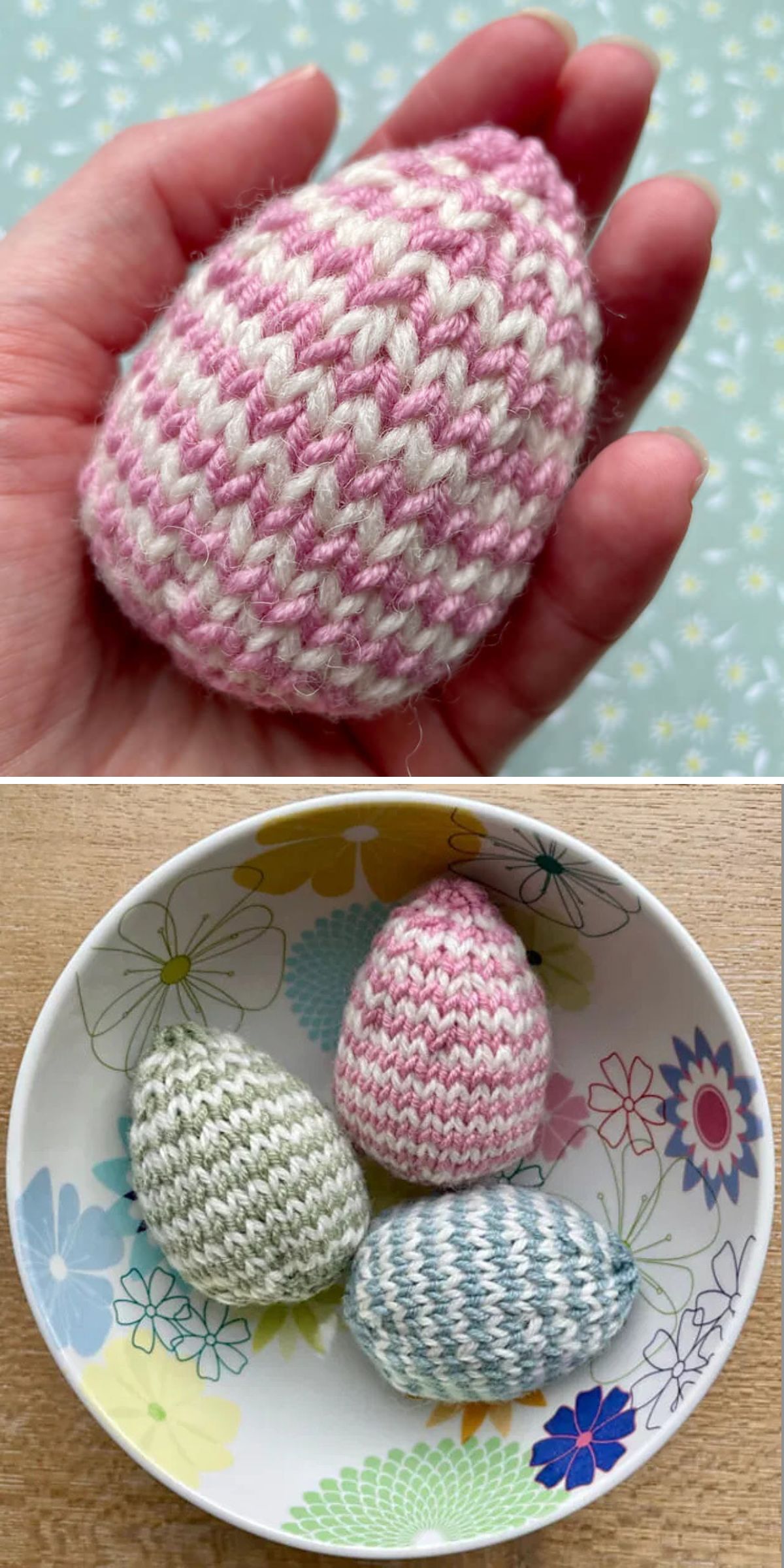 a bowl with striped knitted Easter eggs