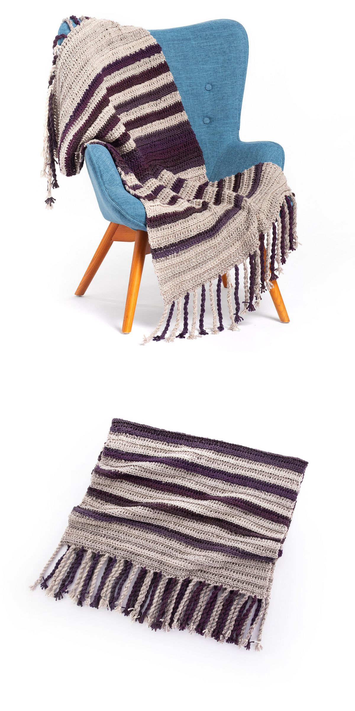 a striped crochet blanket with large tassels