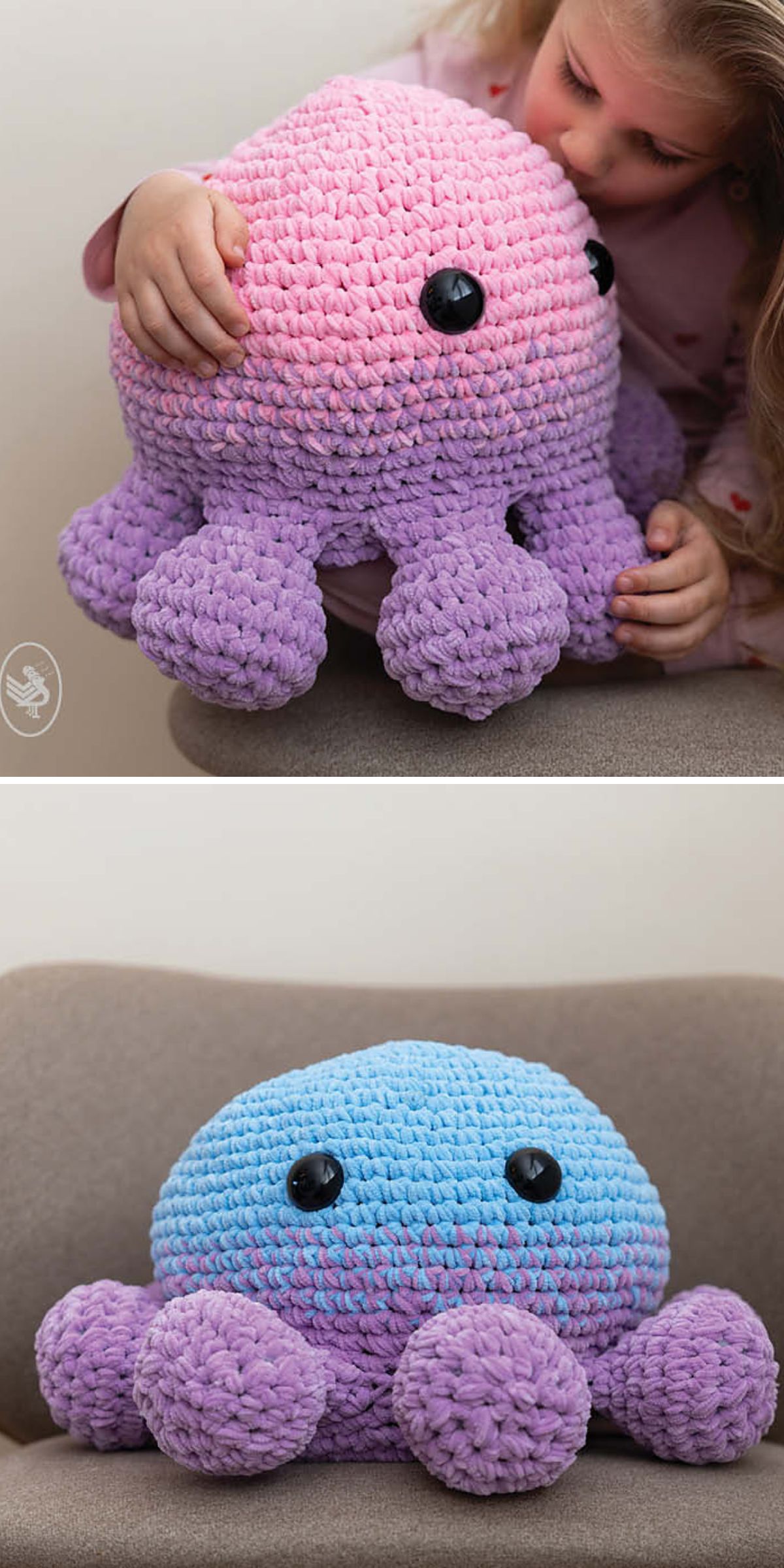 a big squishy crochet octopus amigurumi sitting on a couch