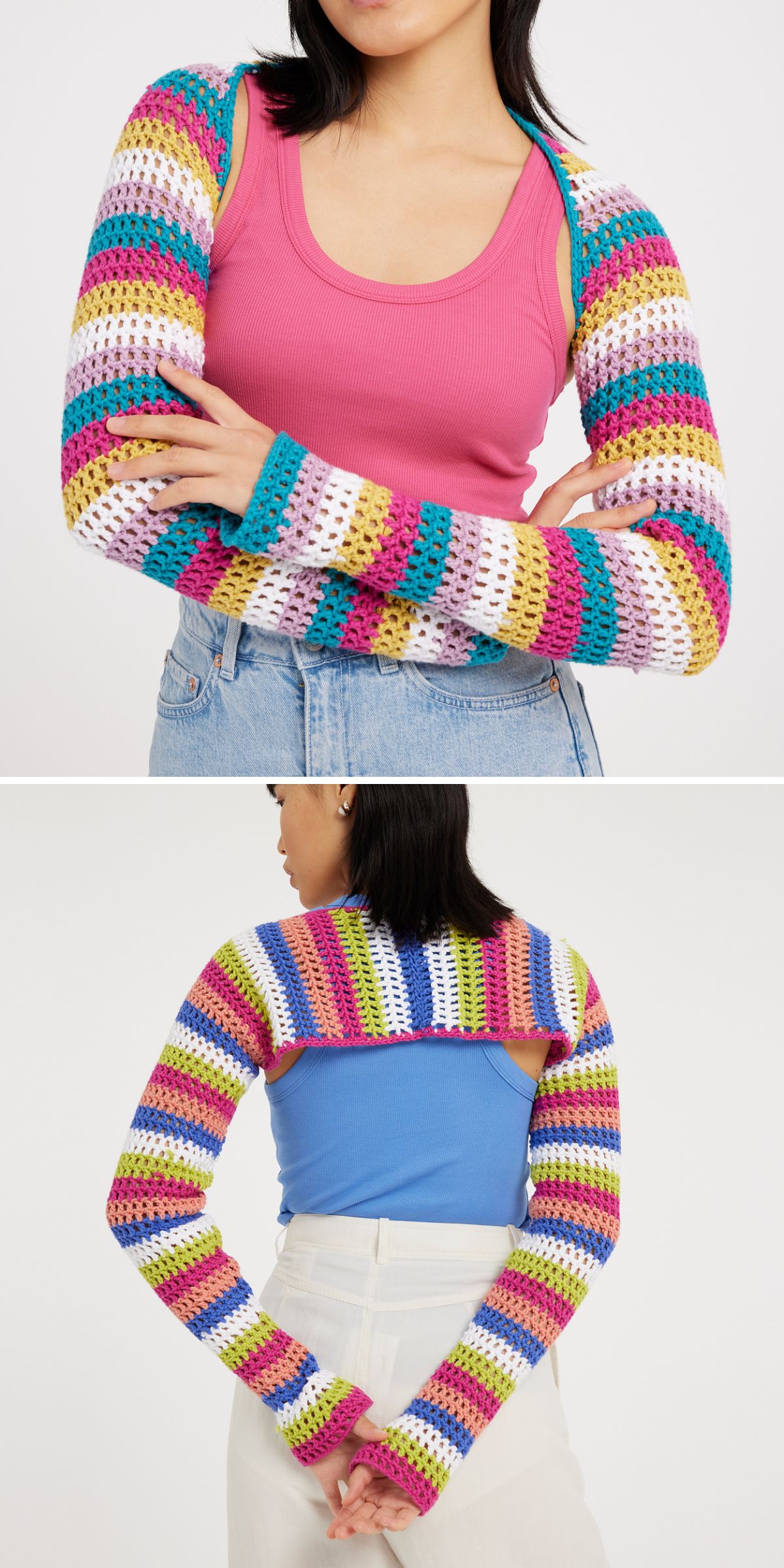 a mesh-like crochet bolero in a colorful striped design