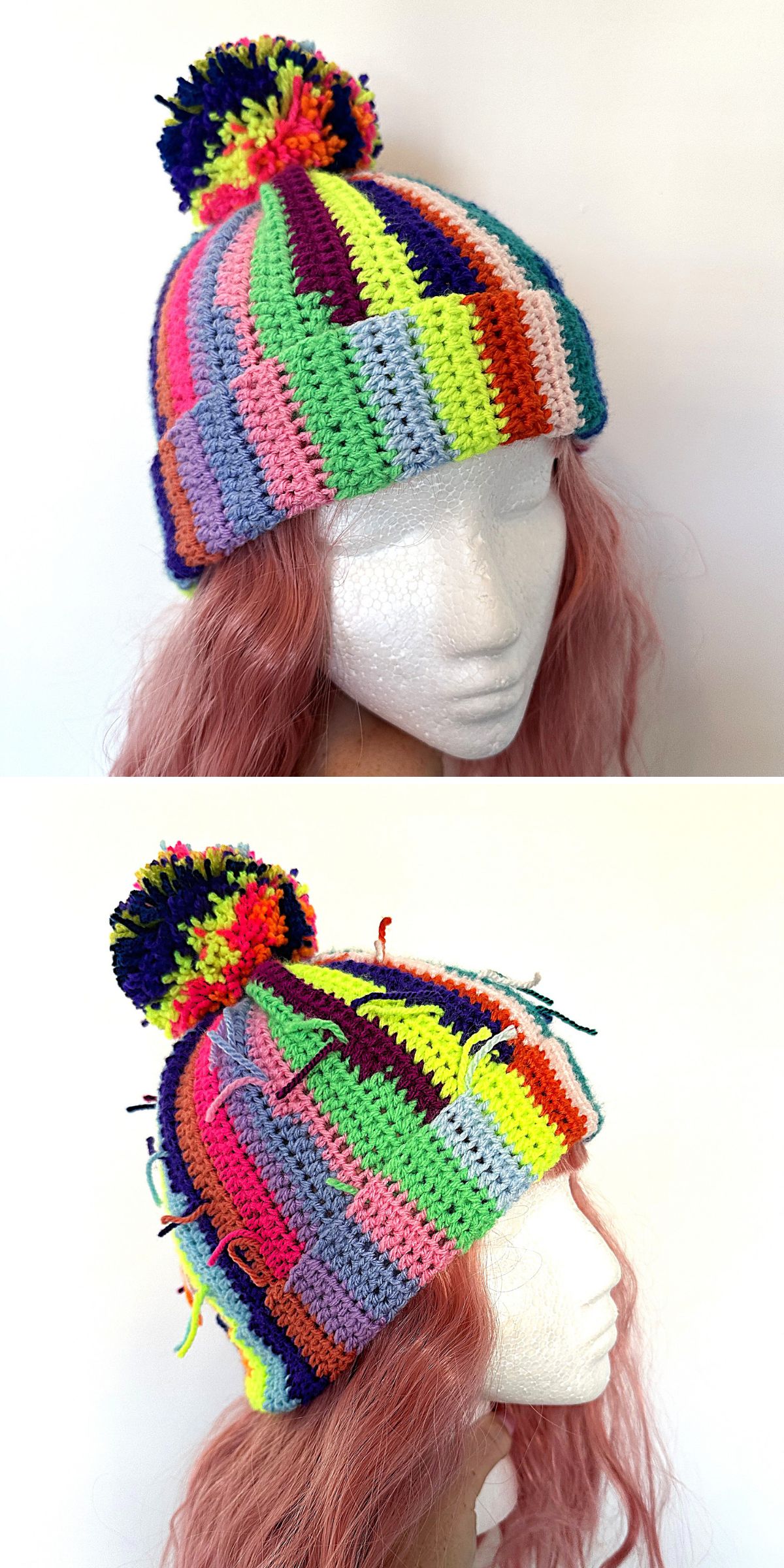 a striped beanie with a pom pom