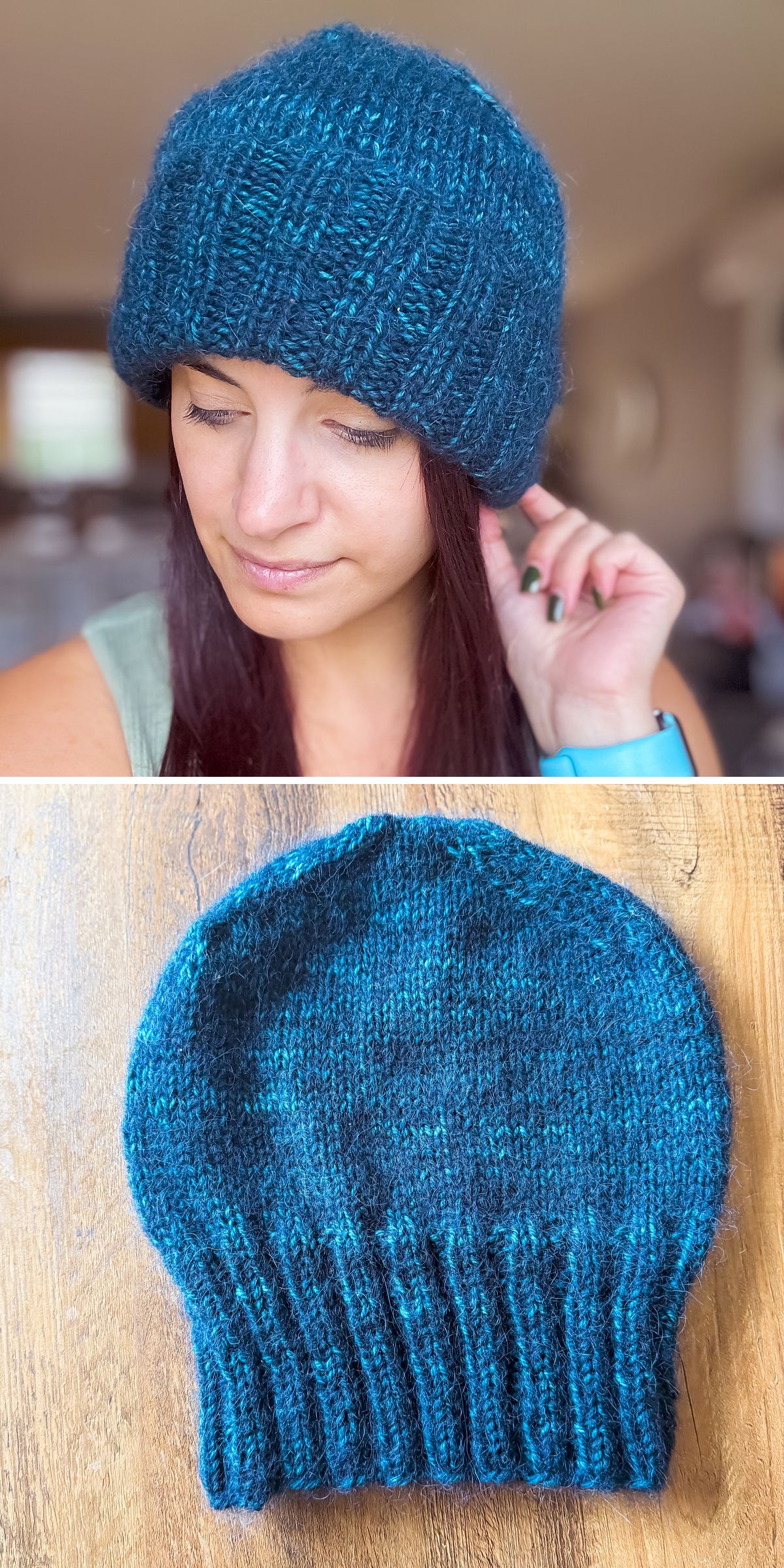 a blue handmade beanie