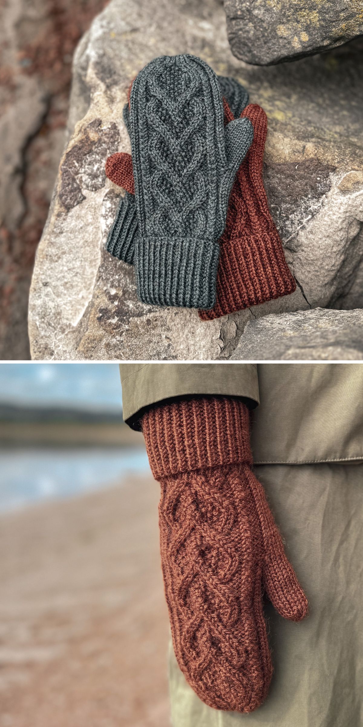 knitted mittens with a stylish cable design and wide ribbed cuffs