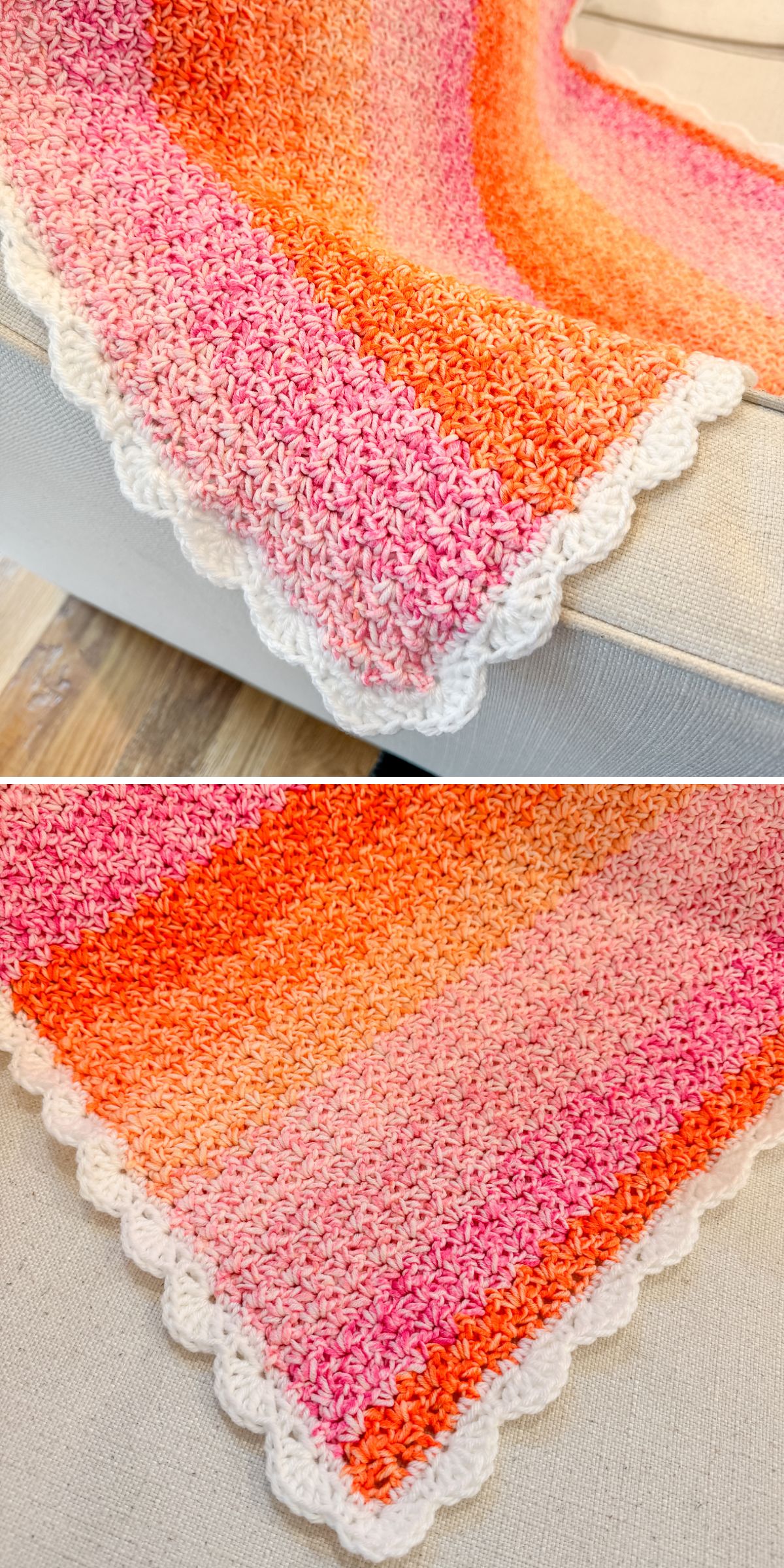 a striped crocheted baby blanket in vibrant pink and orange gradient colors