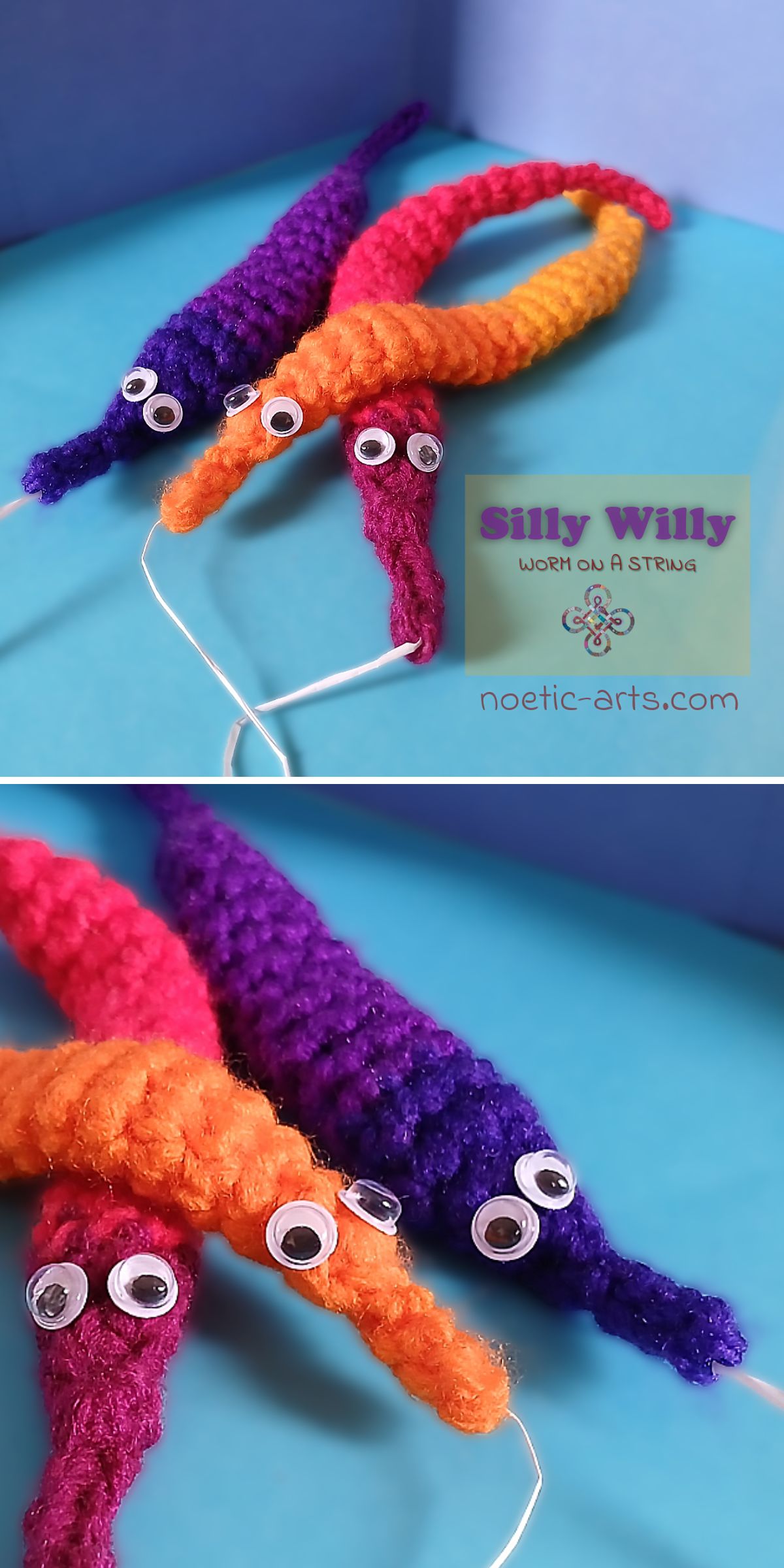 crochet cat toys in the shape of long colorful worms