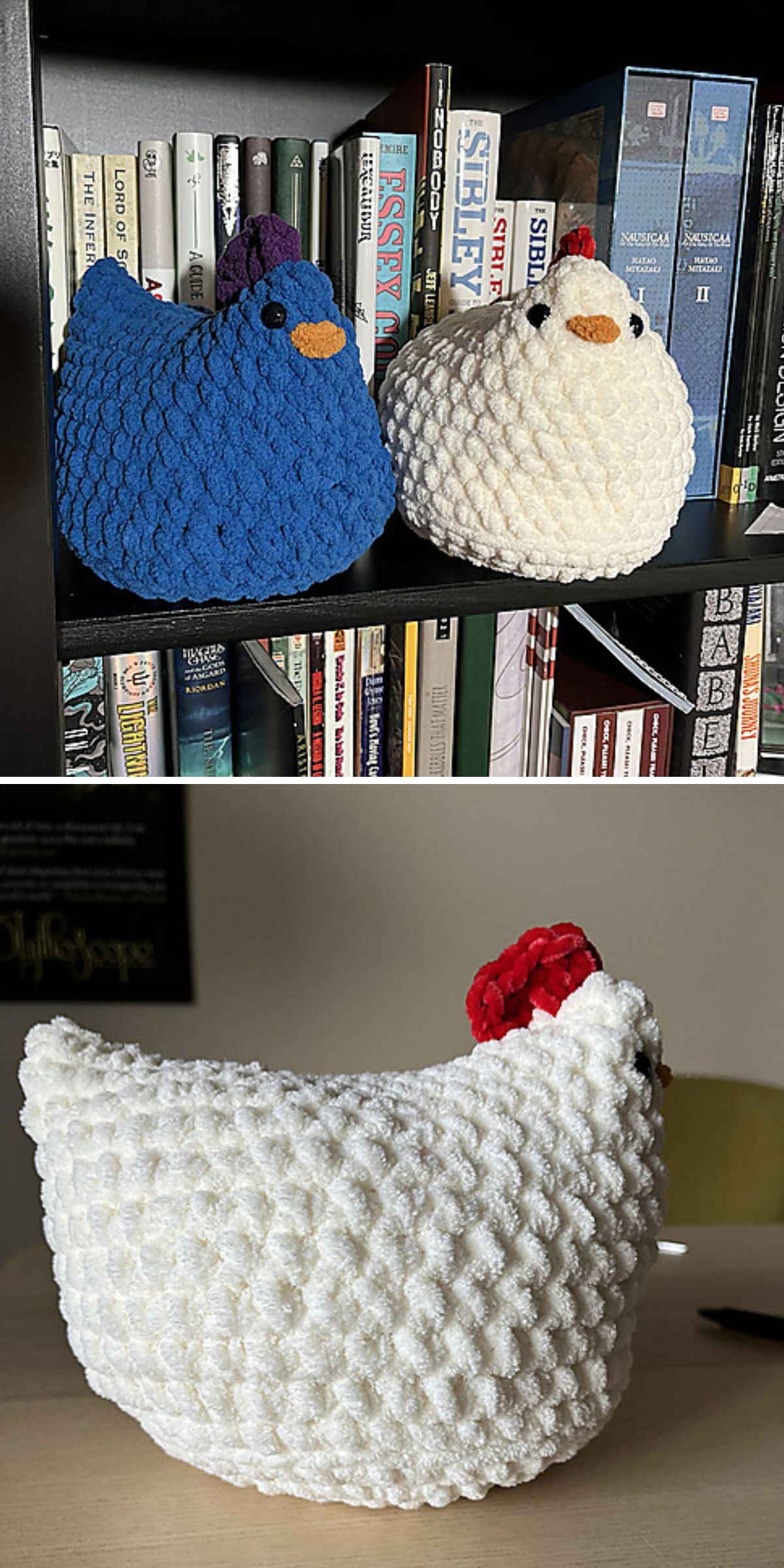 two crochet chickens placed on a bookshelf