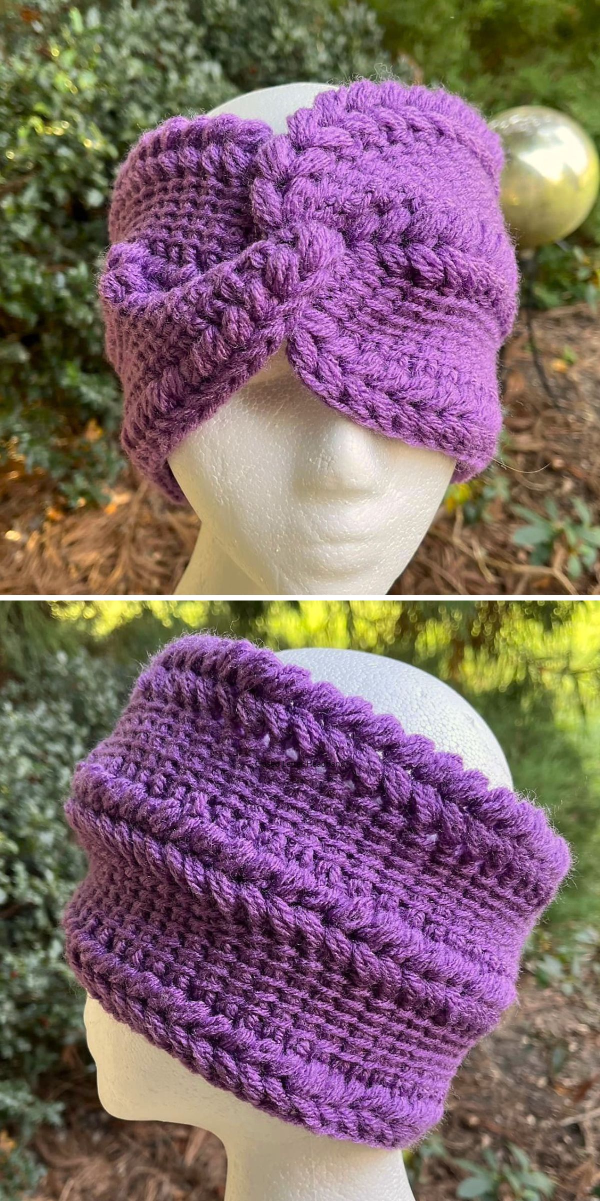 a wide, textured crochet headband in a purple color