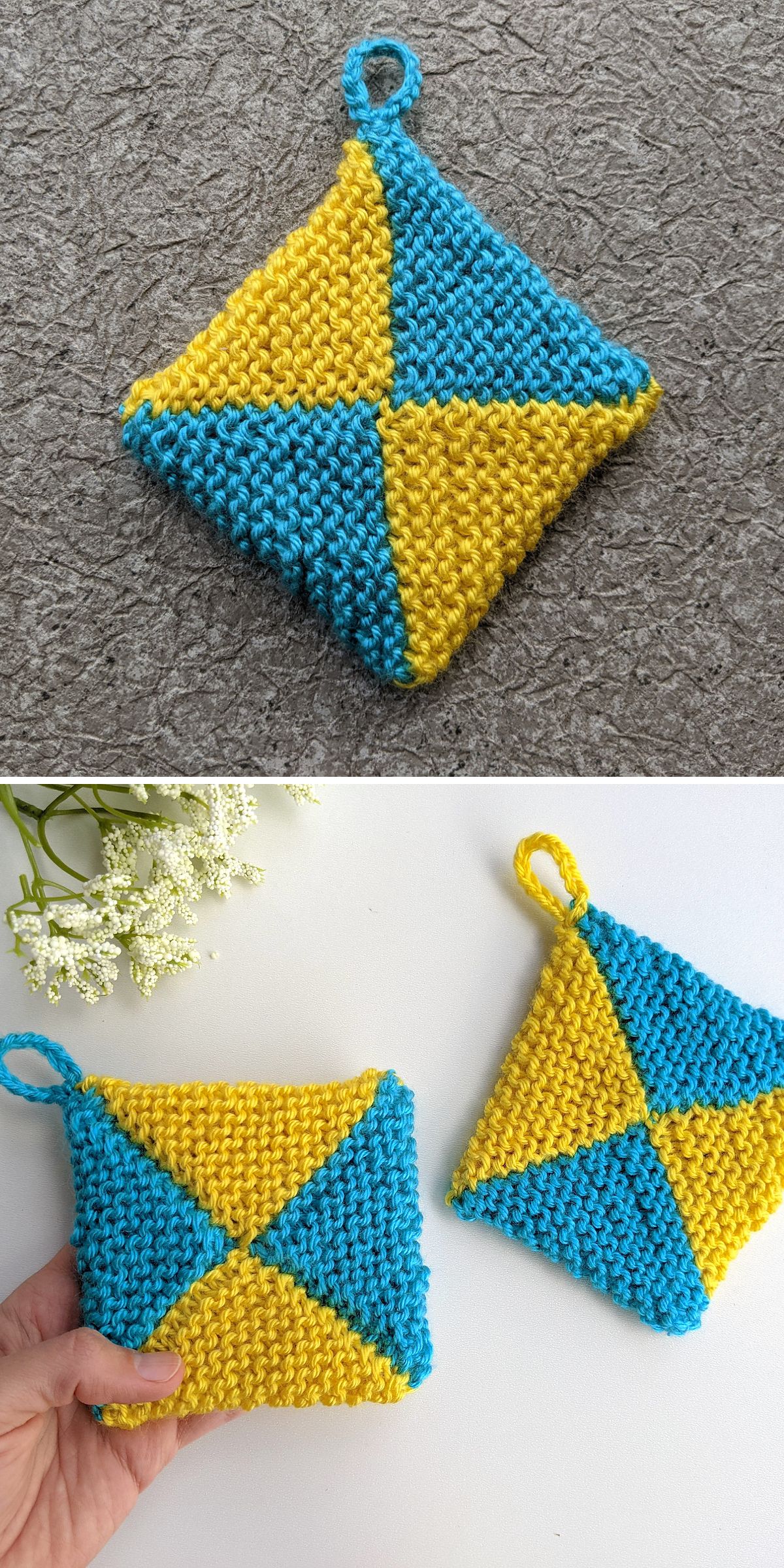 a square knitted potholder with two-tone design featuring four triangles