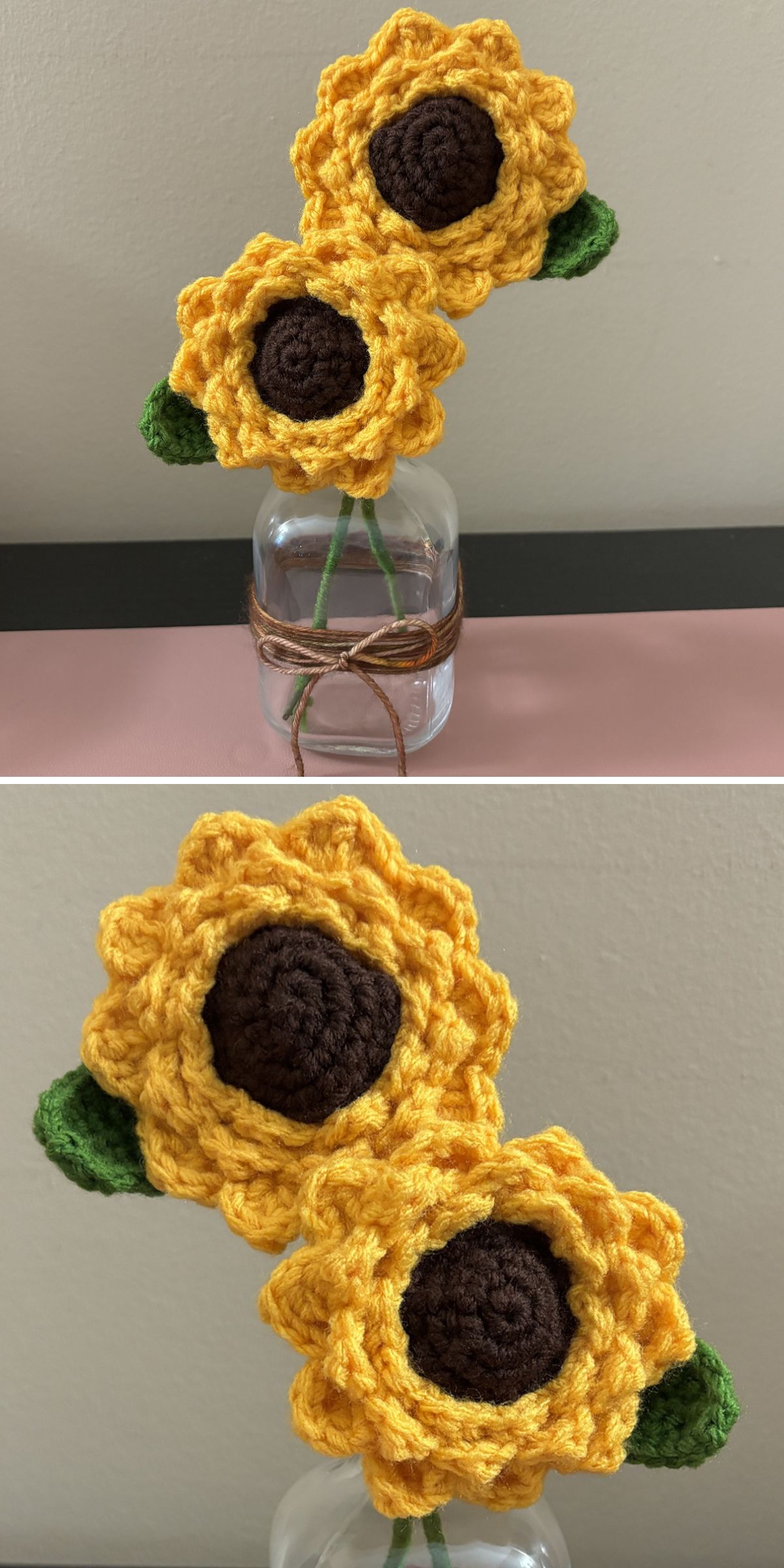 two crochet sunflowers in a glass vase
