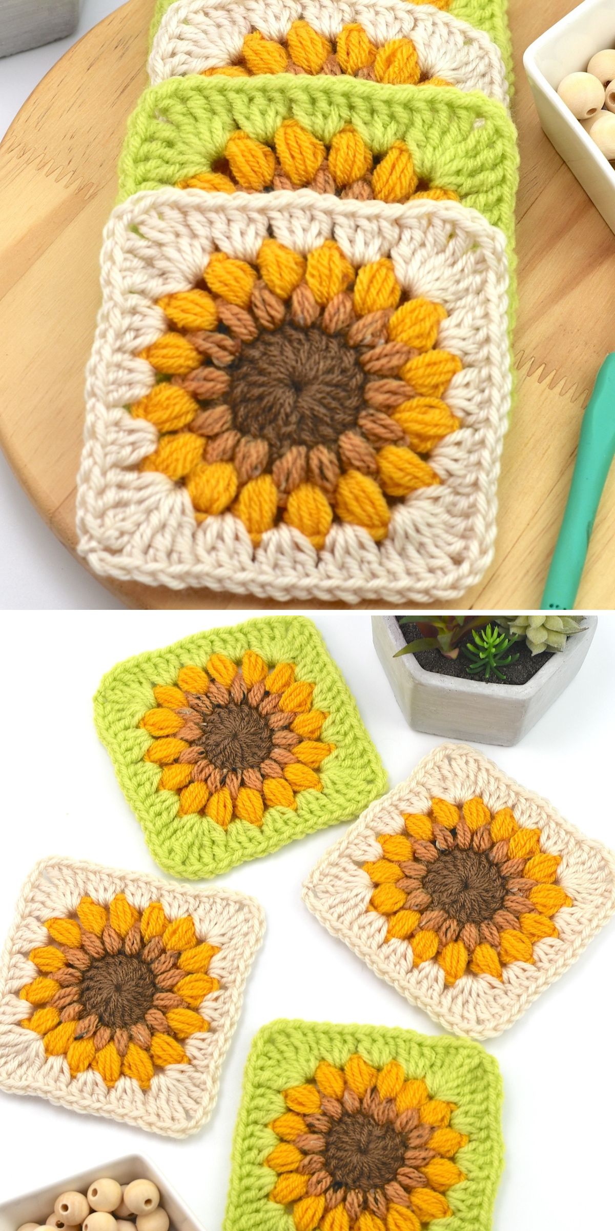 crochet squares with sunflower center motifs in contrasting colors