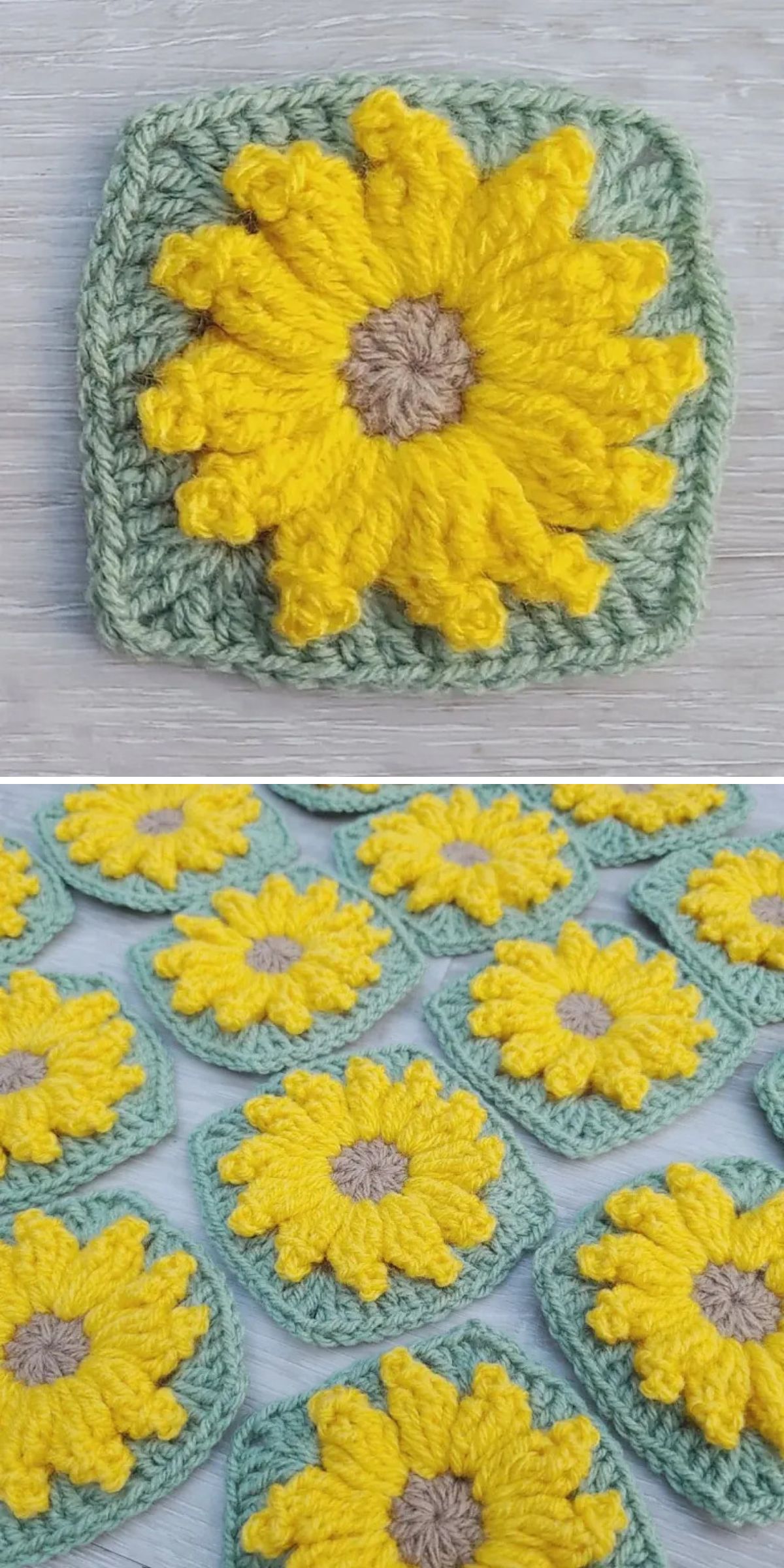 crocheted granny squares with bright sunflower motifs