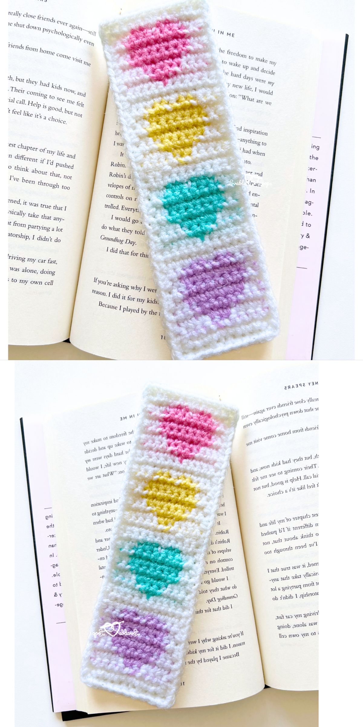 a rectangular crochet bookmark with heart motifs