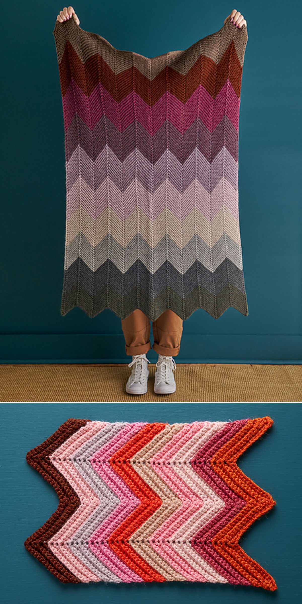 a crochet chevron blanket with an eye-catching wave pattern in vivid colors